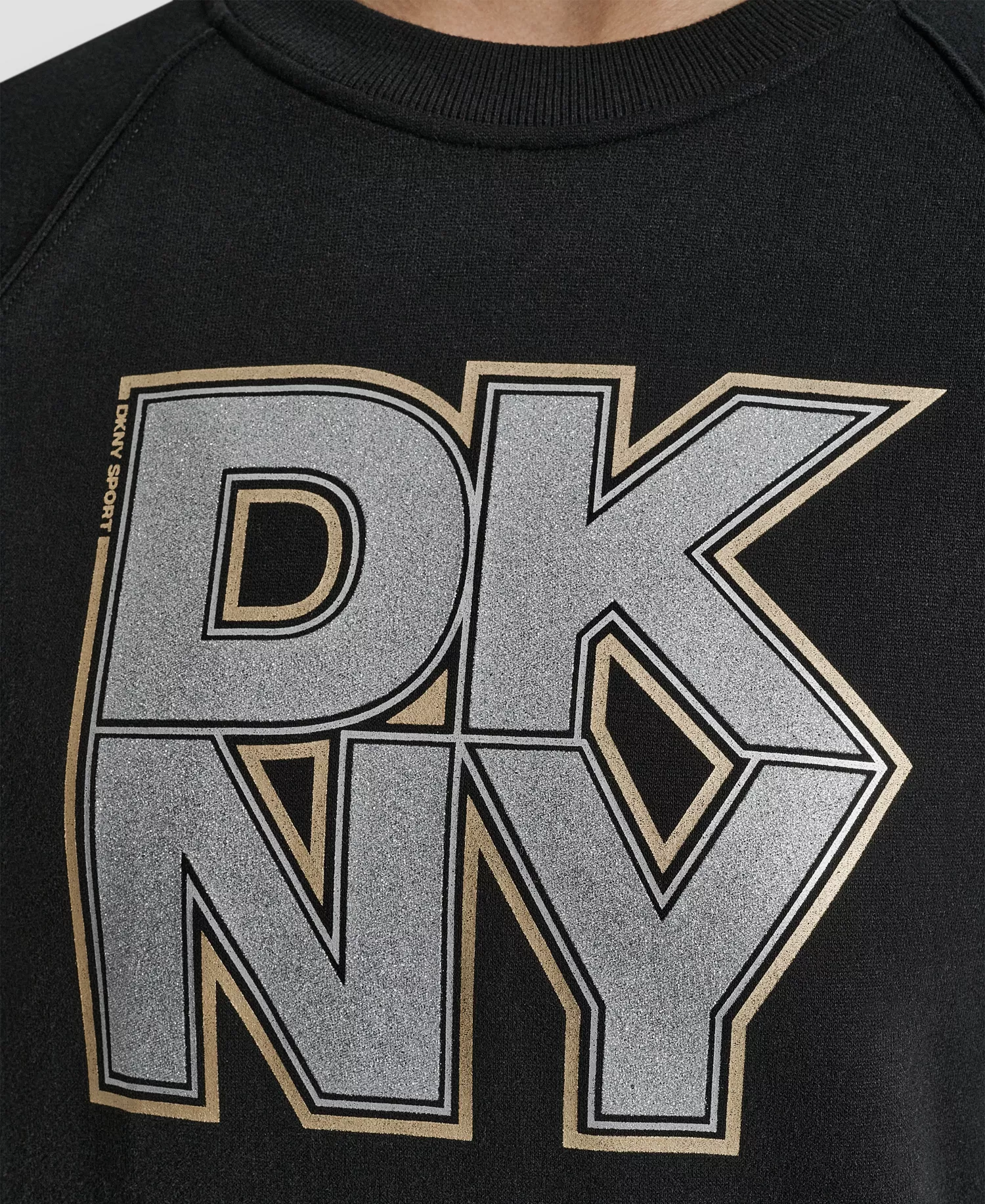 Women's Mixed Metal Stack Glitter Crewneck Top - Black - L