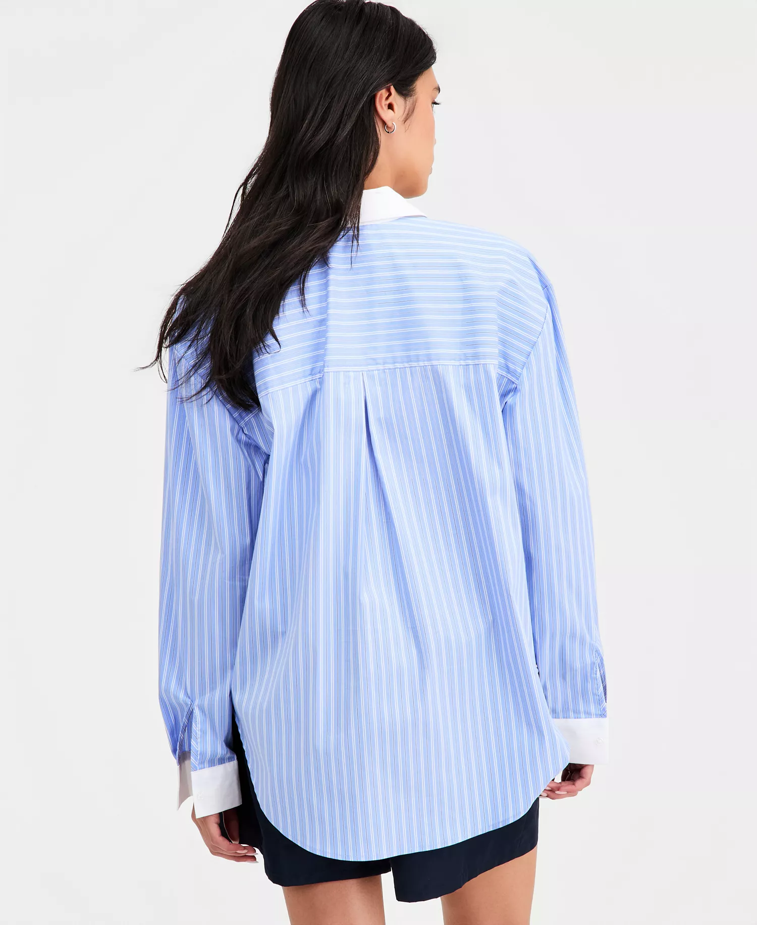 Women's Contrast-Collar Striped Shirt, Macy's Exclusive - Blue Stripe - L