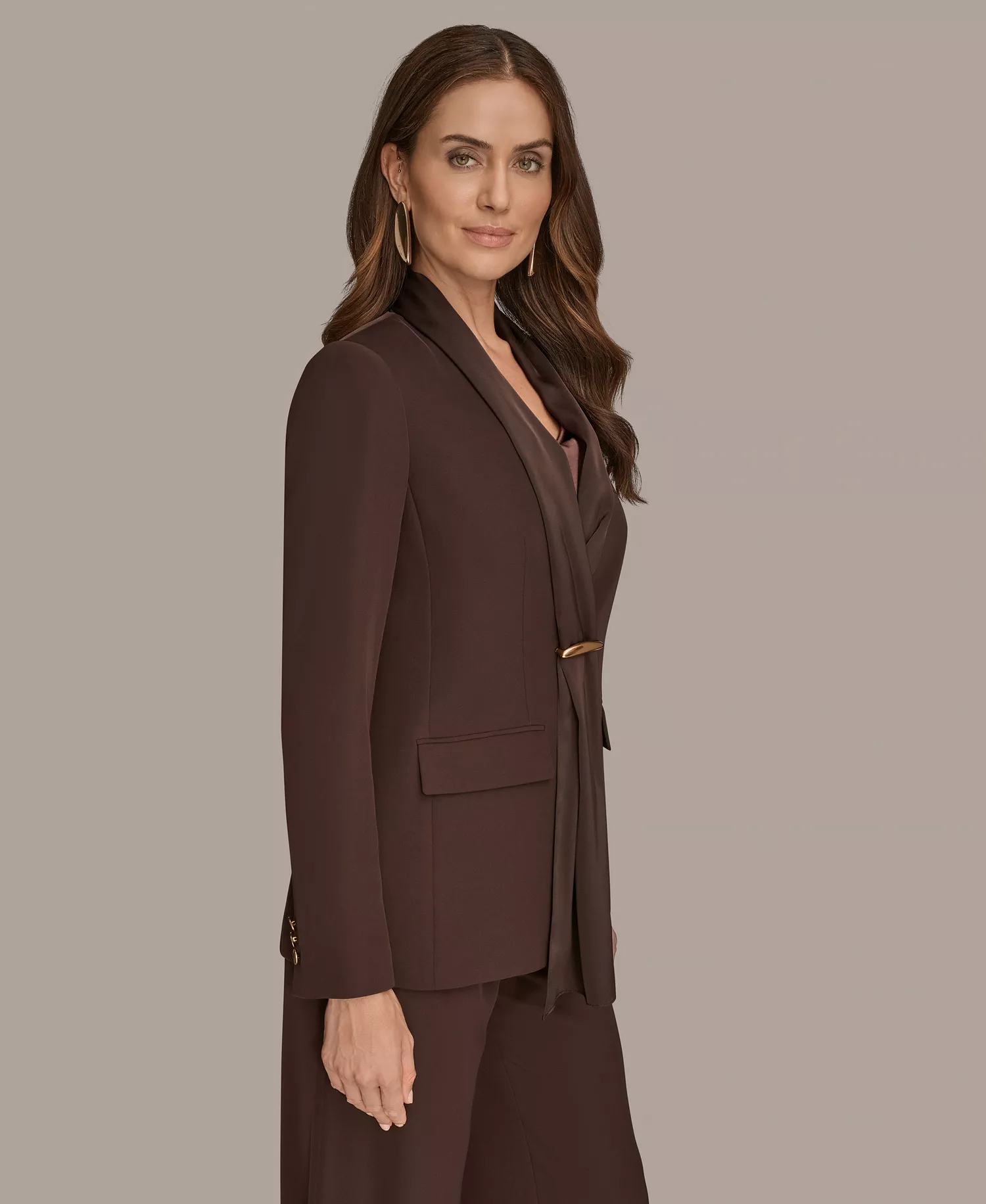 Womens Mixed Media Draped Neck Blazer, Regular & Petite - Chocolate Plum - 12P