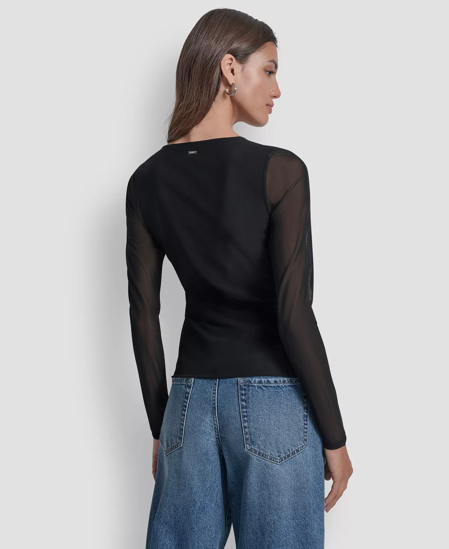 Women's Dome Studs Mesh Long Sleeve Slim Fit Top - Black/Silver - L