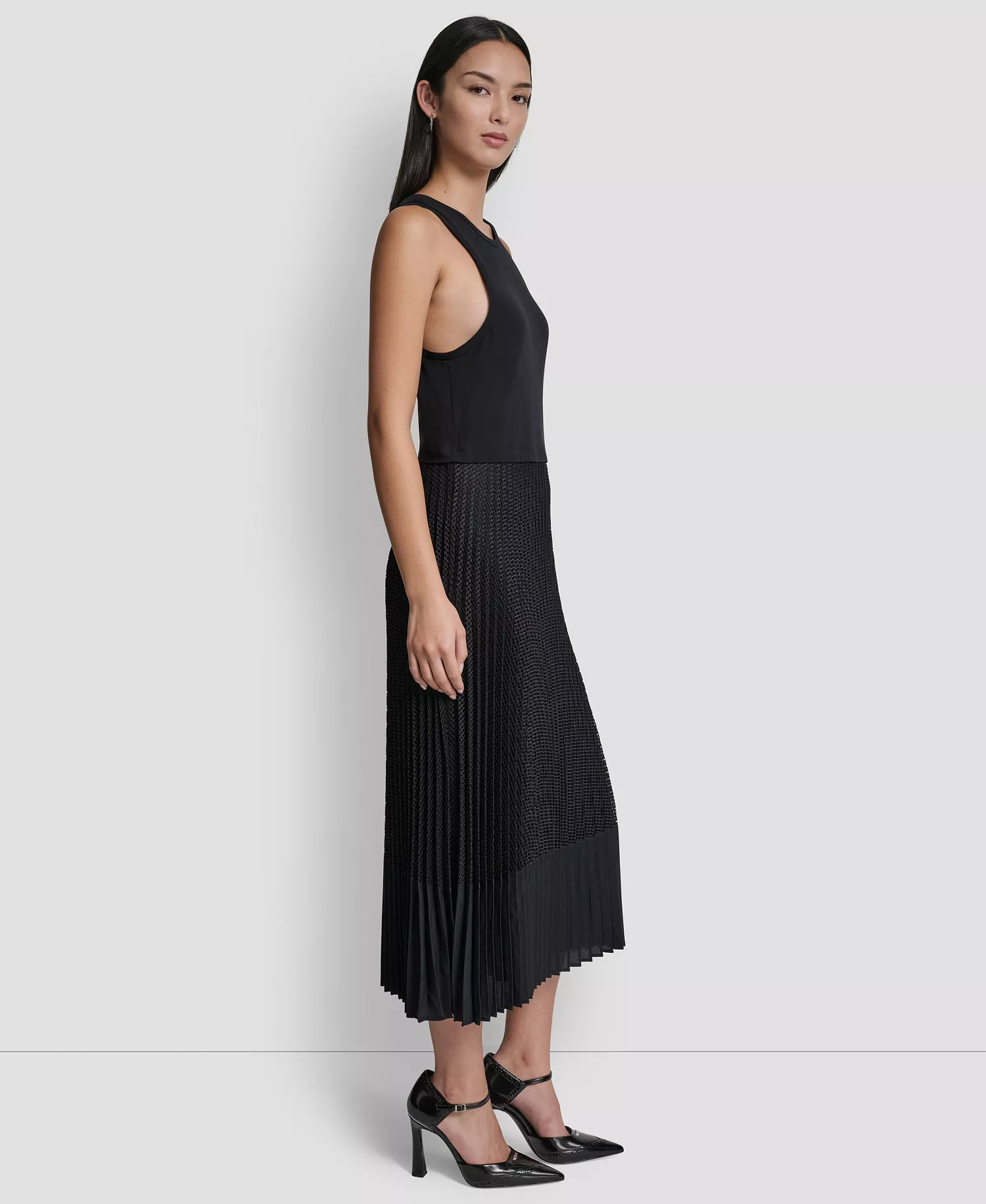 Women's Pleated Crewneck Window Pane Dress - Night - L