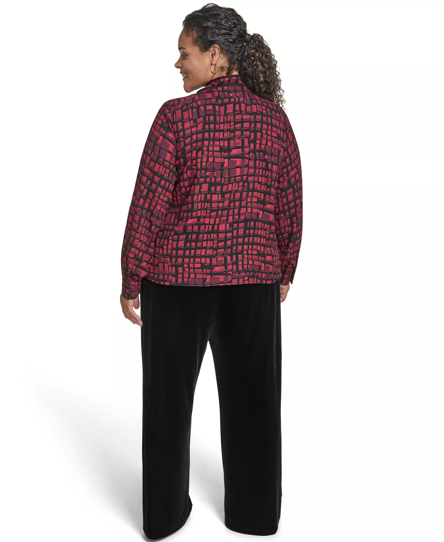 Plus Size Printed Long Sleeves Tie Neck Top - Cranberry Multi - 1X