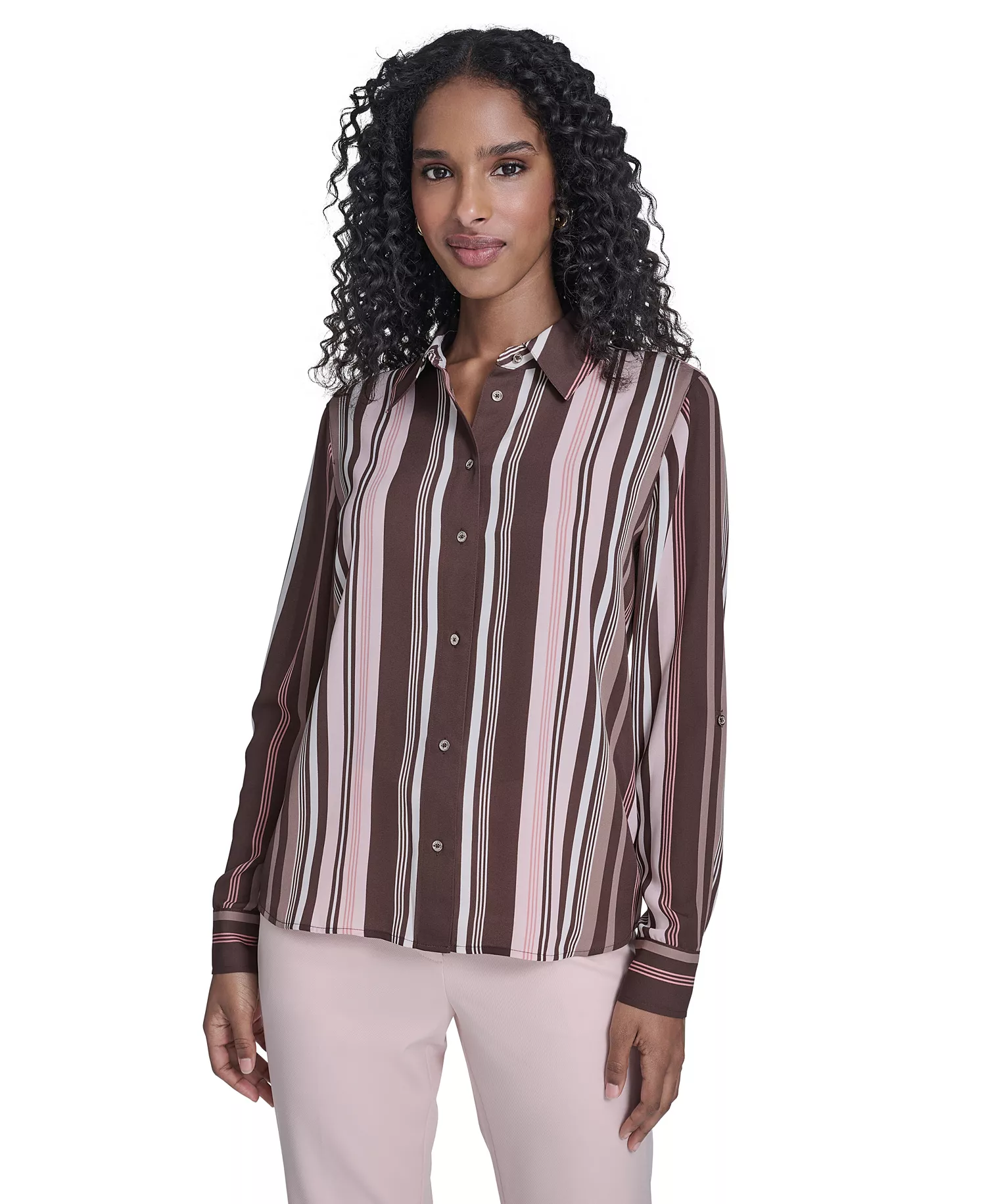 Women's Slim-Fit Striped Button Up Top - Chicory Multi - L