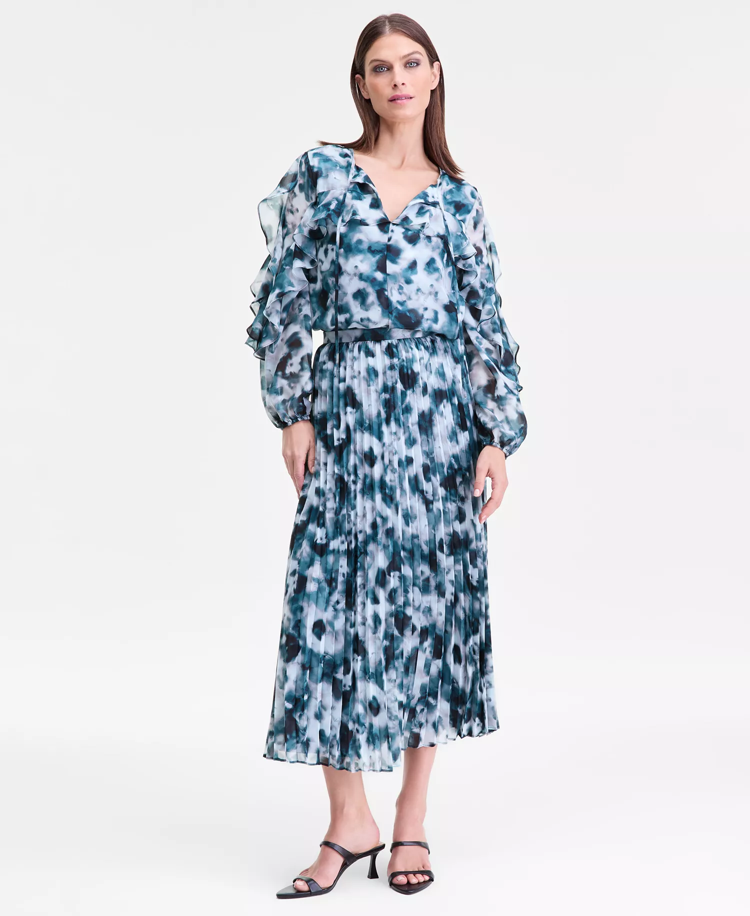 Women's Long-Sleeve Printed Ruffle-Trim Blouse, Macy's Exclusive - Misha Abstract Black - L