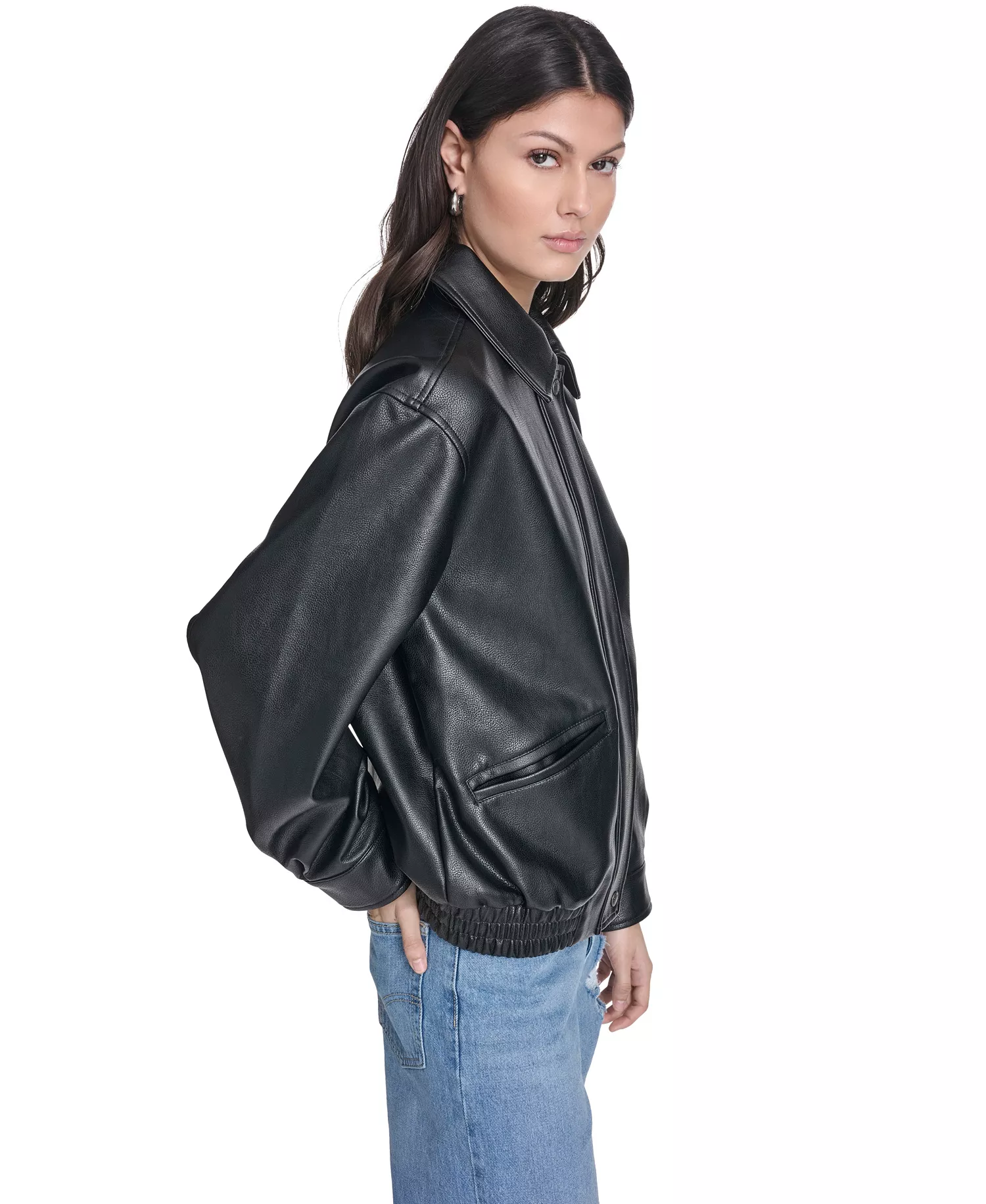 Women's Faux Leather Relaxed-Fit Bomber Jacket - Black - L