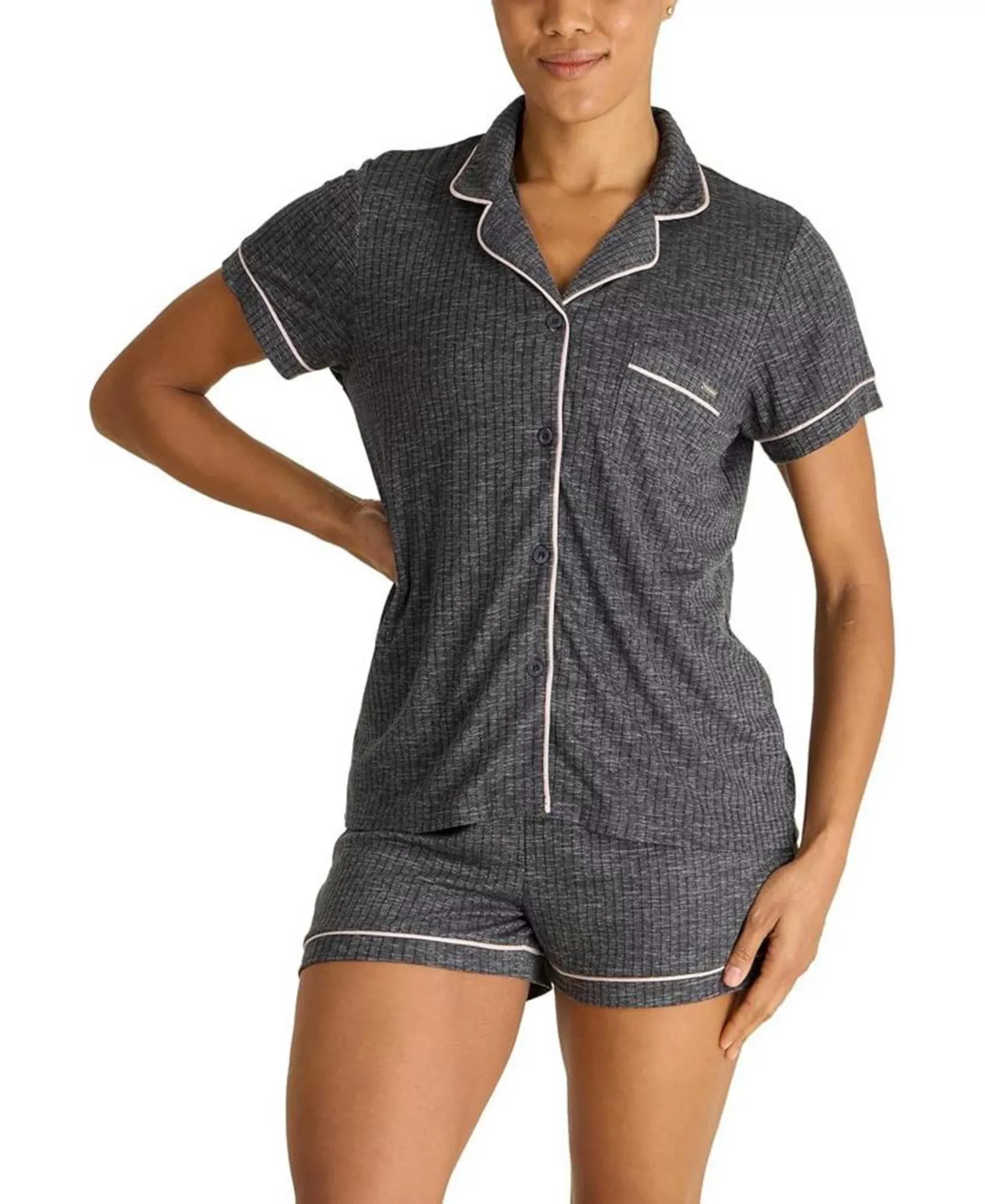 Women's Short Sleeve Notch Collar Top and Shorts 2 Piece Pajama Set - Charcoal heather - L