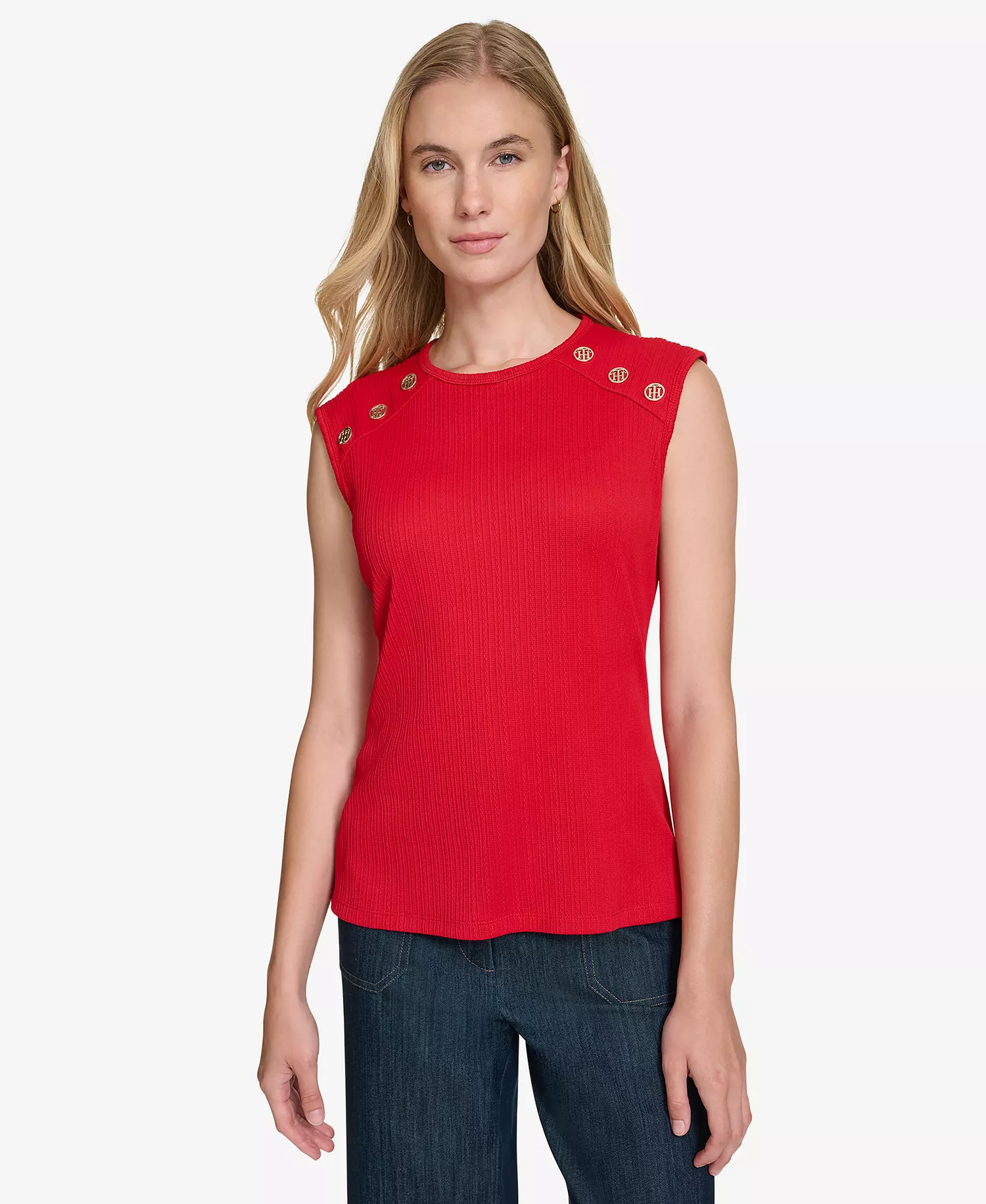 Women's Button-Trim Sleeveless Top - Scarlet - M