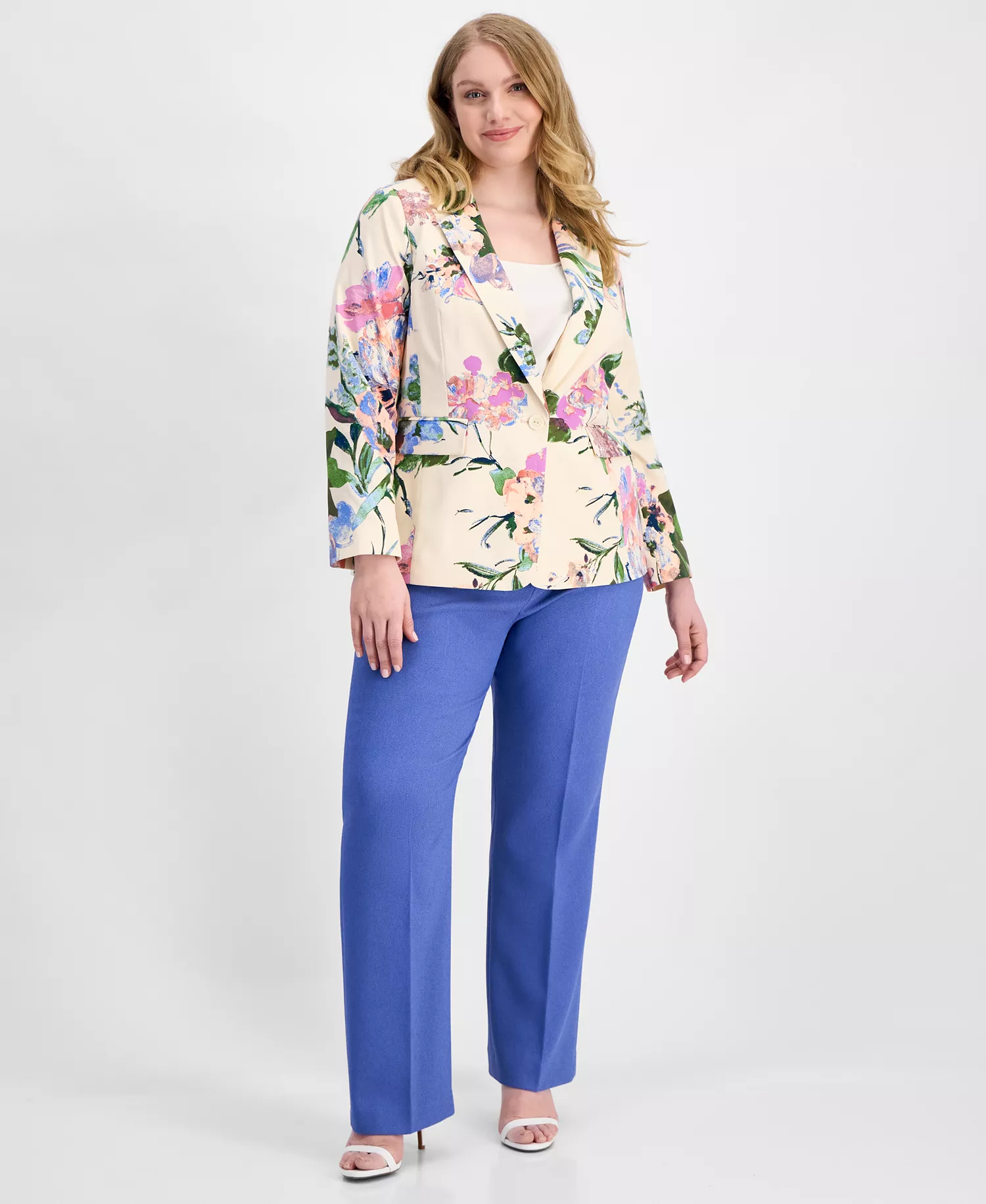 Plus Size Floral Print Single-Button Blazer  - Sand Peach - 14W