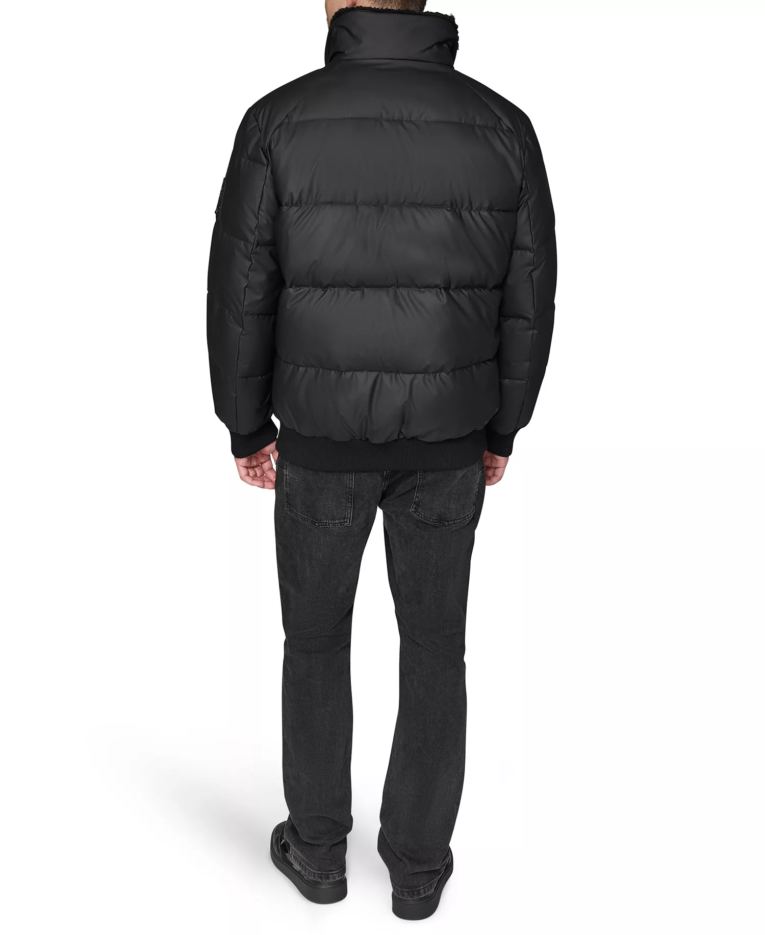 Men's Sherpa Lined Stand Collar Puffer Jacket - Black - L