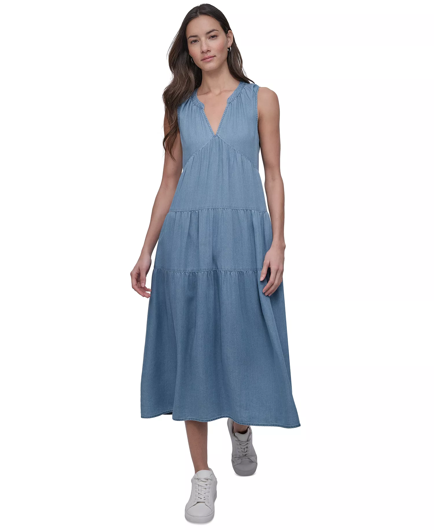 Women's Sleeveless Tiered Midi Dress - FJZ - CHAMBRAY - L