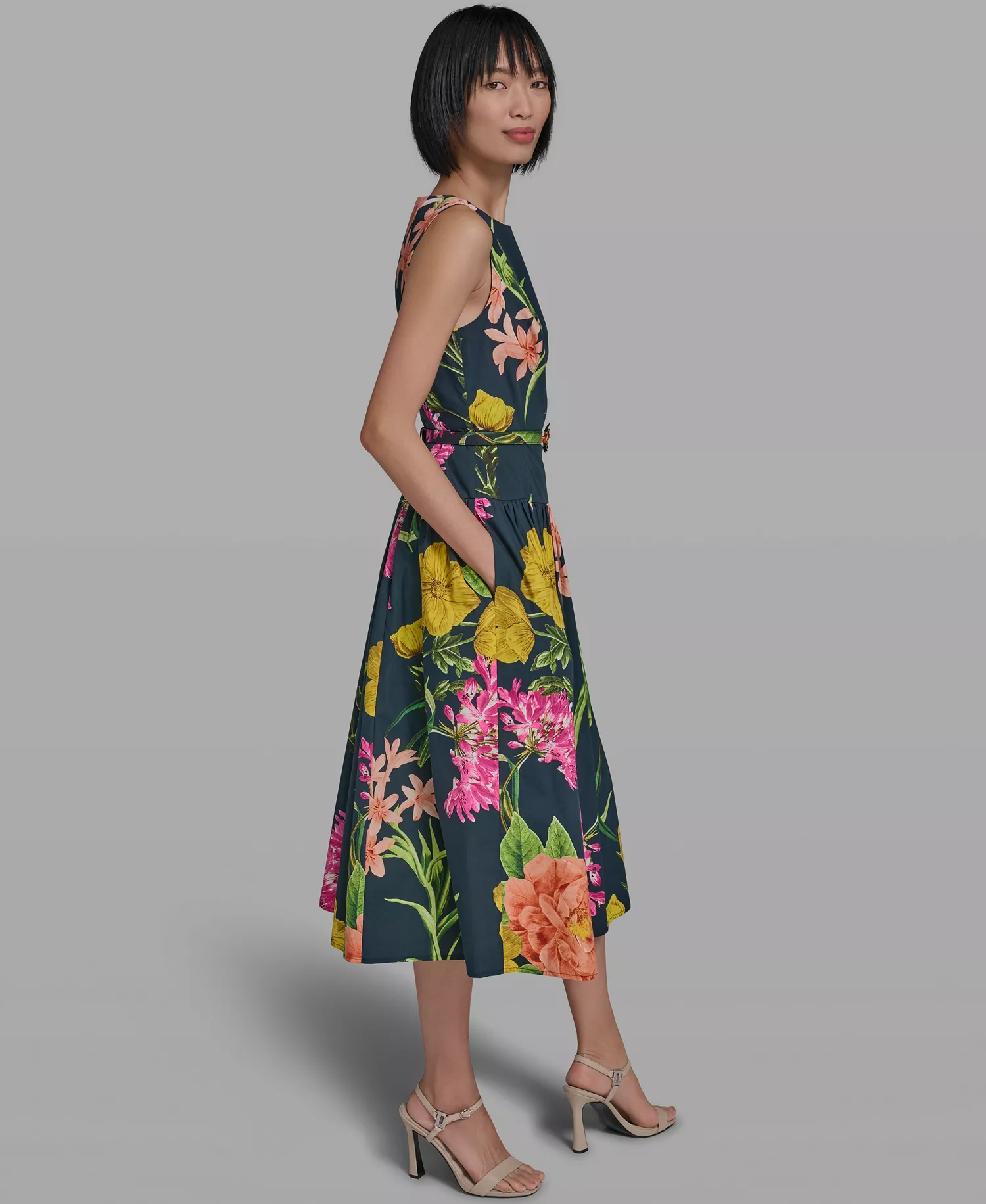 Women's Boat-Neck Belted Sleeveless Dress - Marine/Pink Sherbet Combo - 0