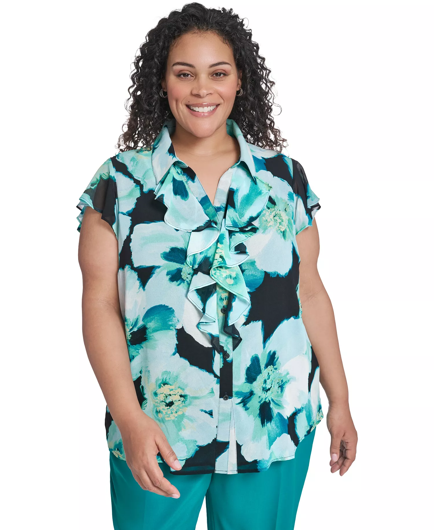 Plus Size Collared Neck Short-Sleeve Top - Navy/Seaspray Multi - 1X