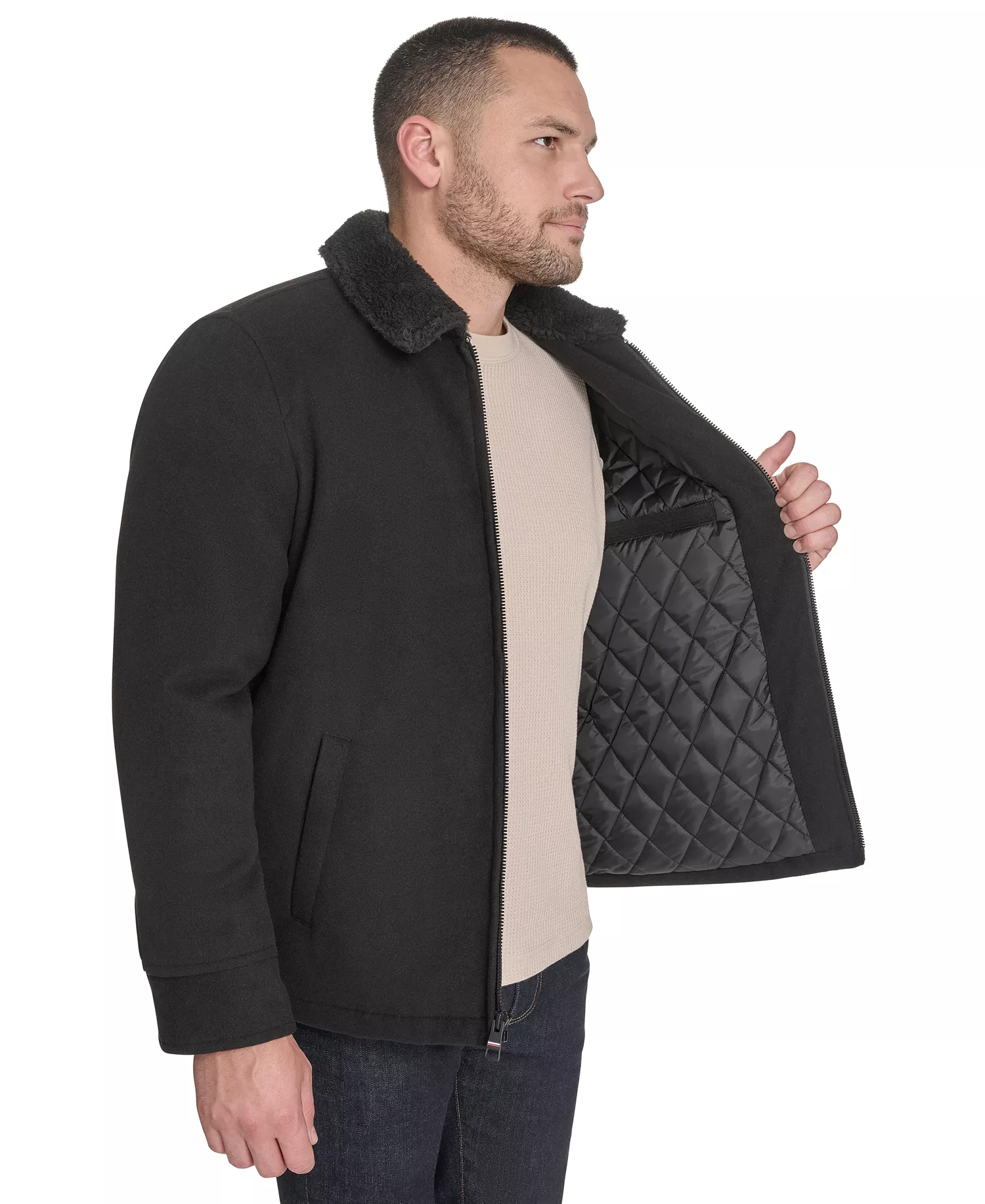 Men's Wool Blend Jacket with Sherpa Collar - Black - 2XL