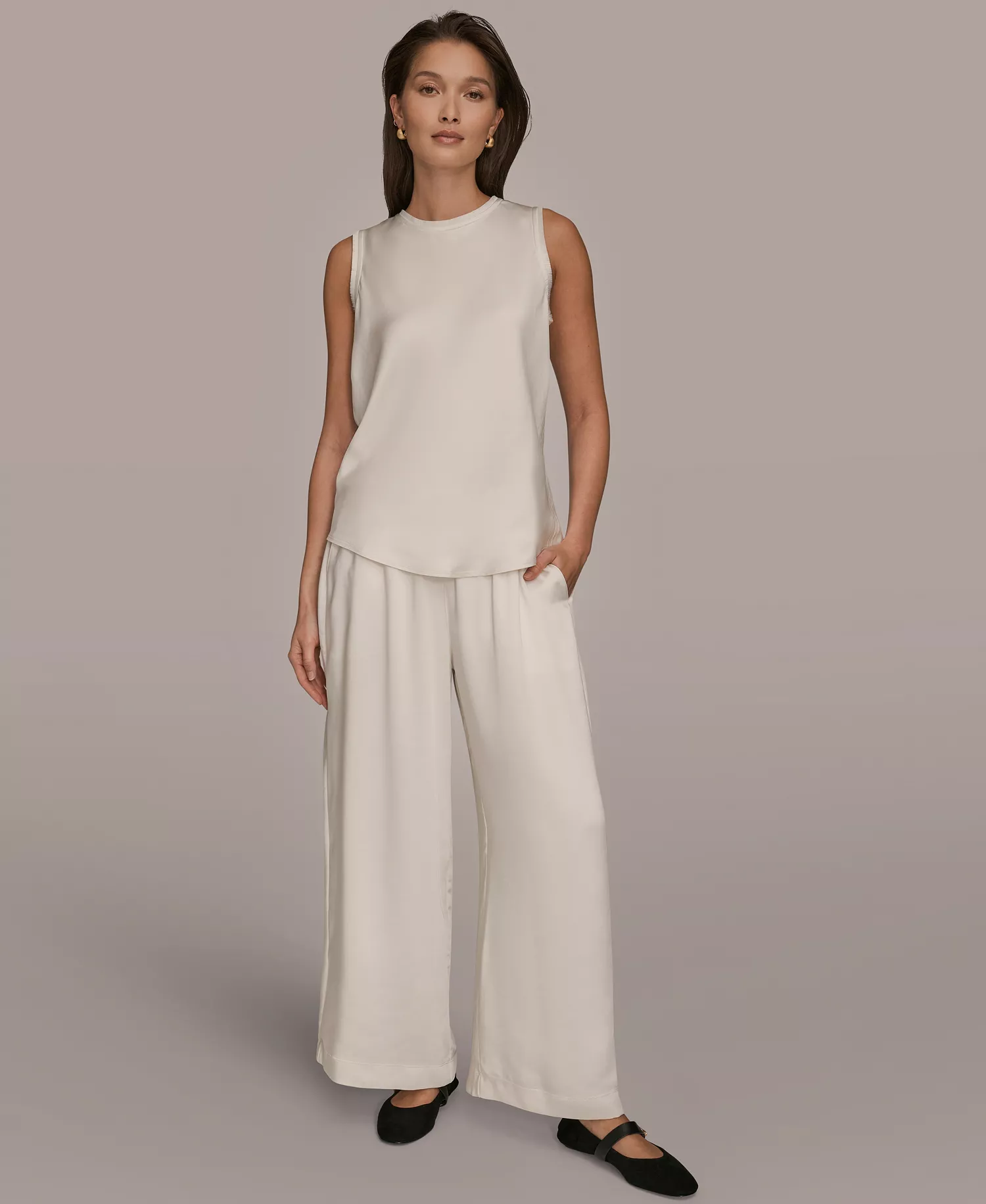 Women's Satin Sleeveless Fringe Trim Blouse - Cream - 10