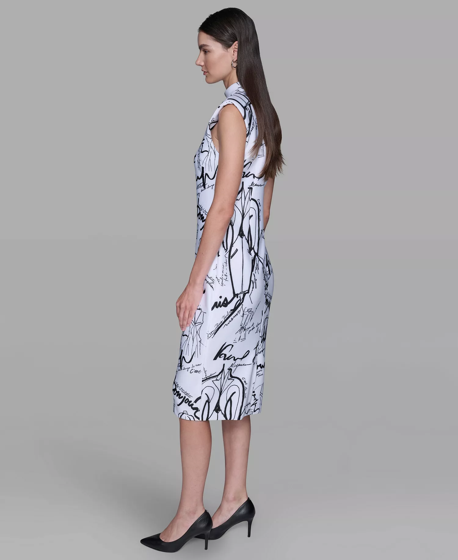 Women's Printed Paris Print Mock Neck Scuba Sheath Dress - Soft White Combo - 10