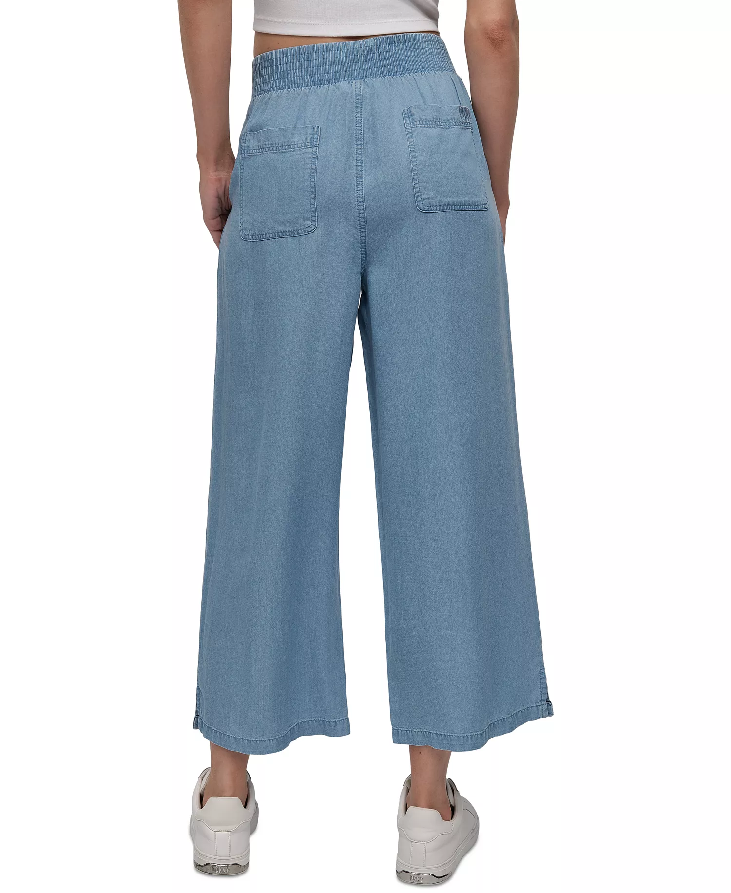 Petite Chambray Smocked-Waist Wide-Leg Ankle Pants - Chambray - P/L