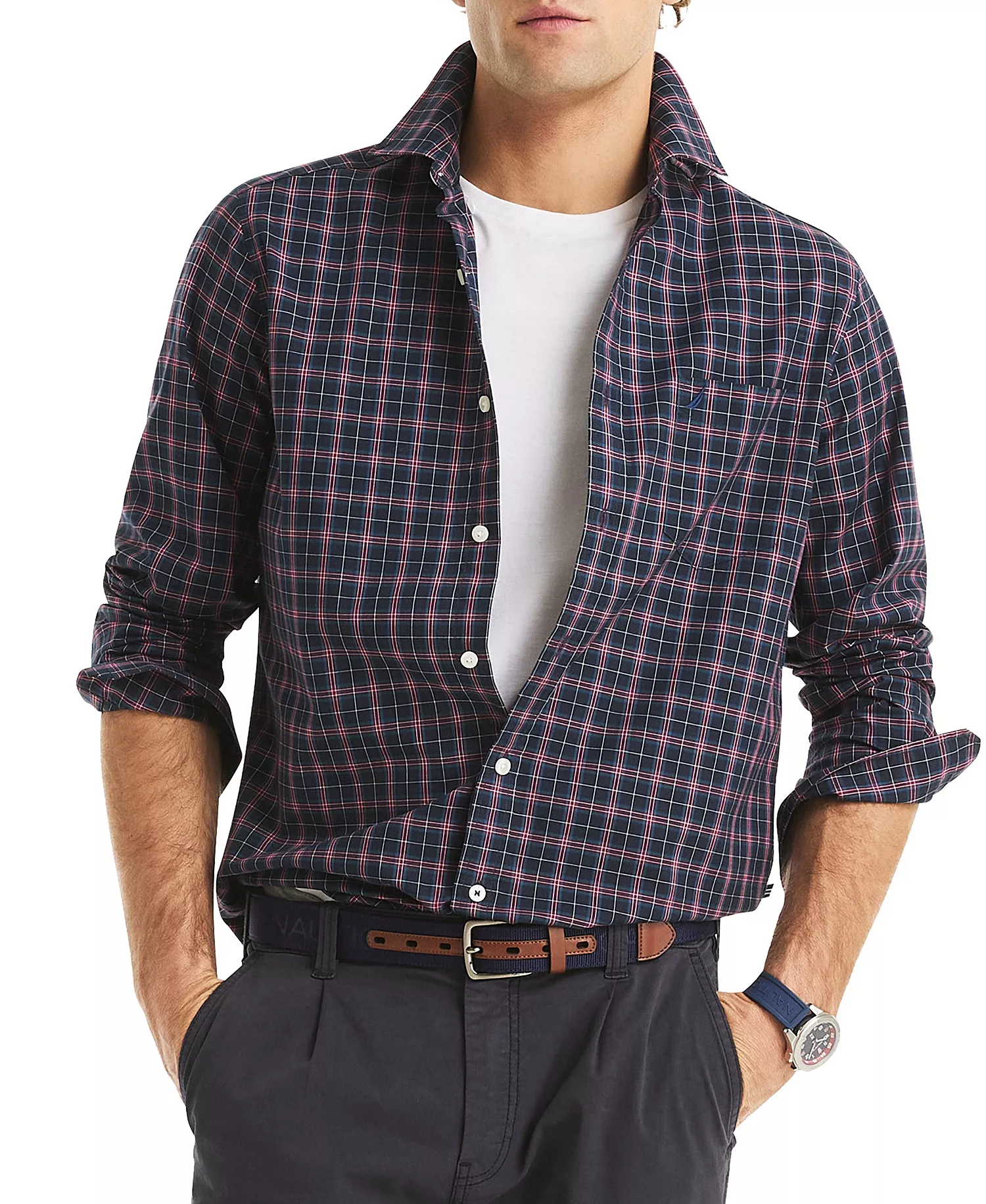 Men's Long Sleeve Plaid Shirt - Navy Seas - 2XL