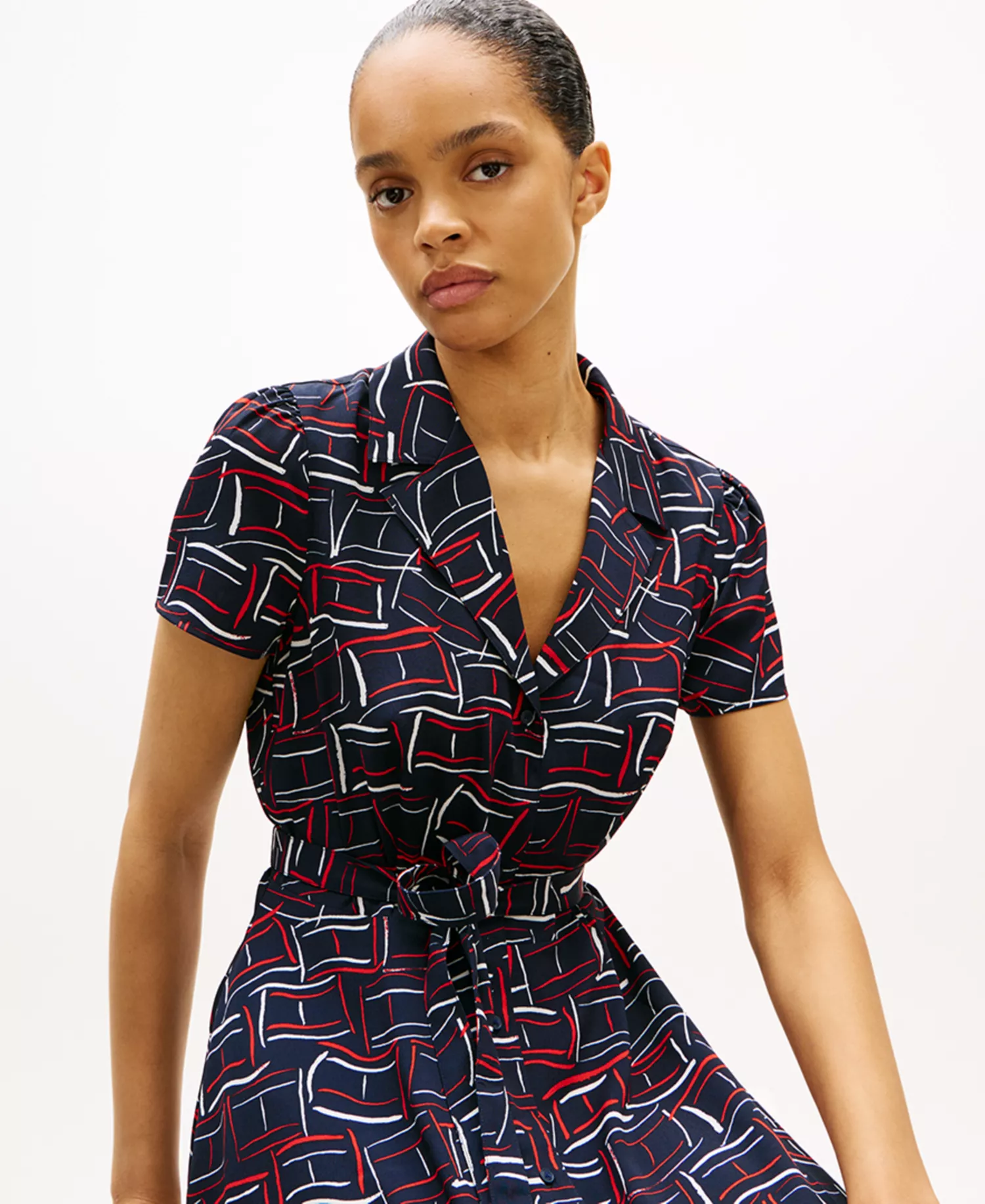 Women's Fluid Printed Collared Shirt Dress - Blue - L