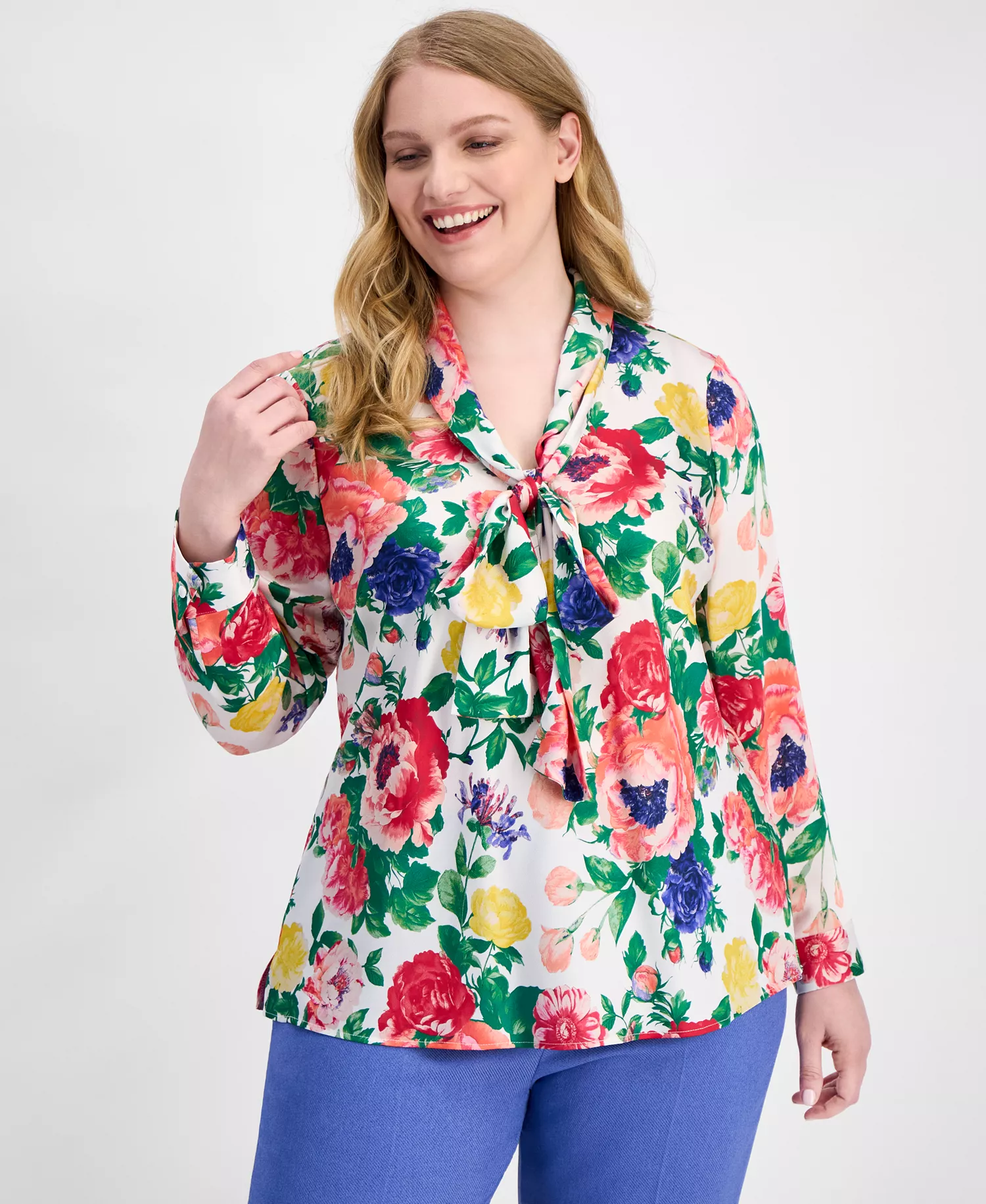 Plus Size Floral Print Tie-Neck Blouse  - Ivory Multi - 1X