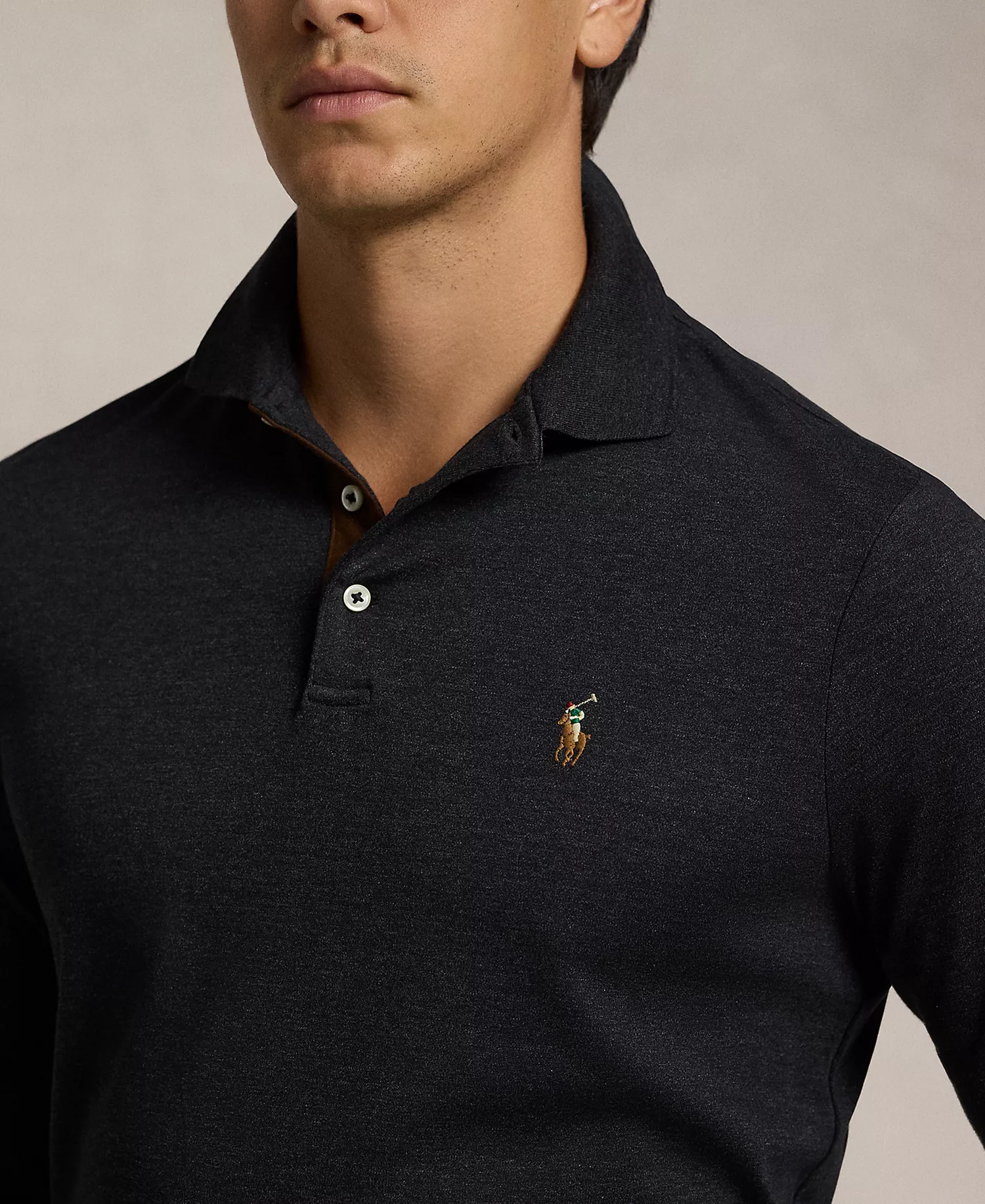 Men's Classic-Fit Long Sleeve Soft Cotton Polo Shirt - Black Marl Heather - 2XL