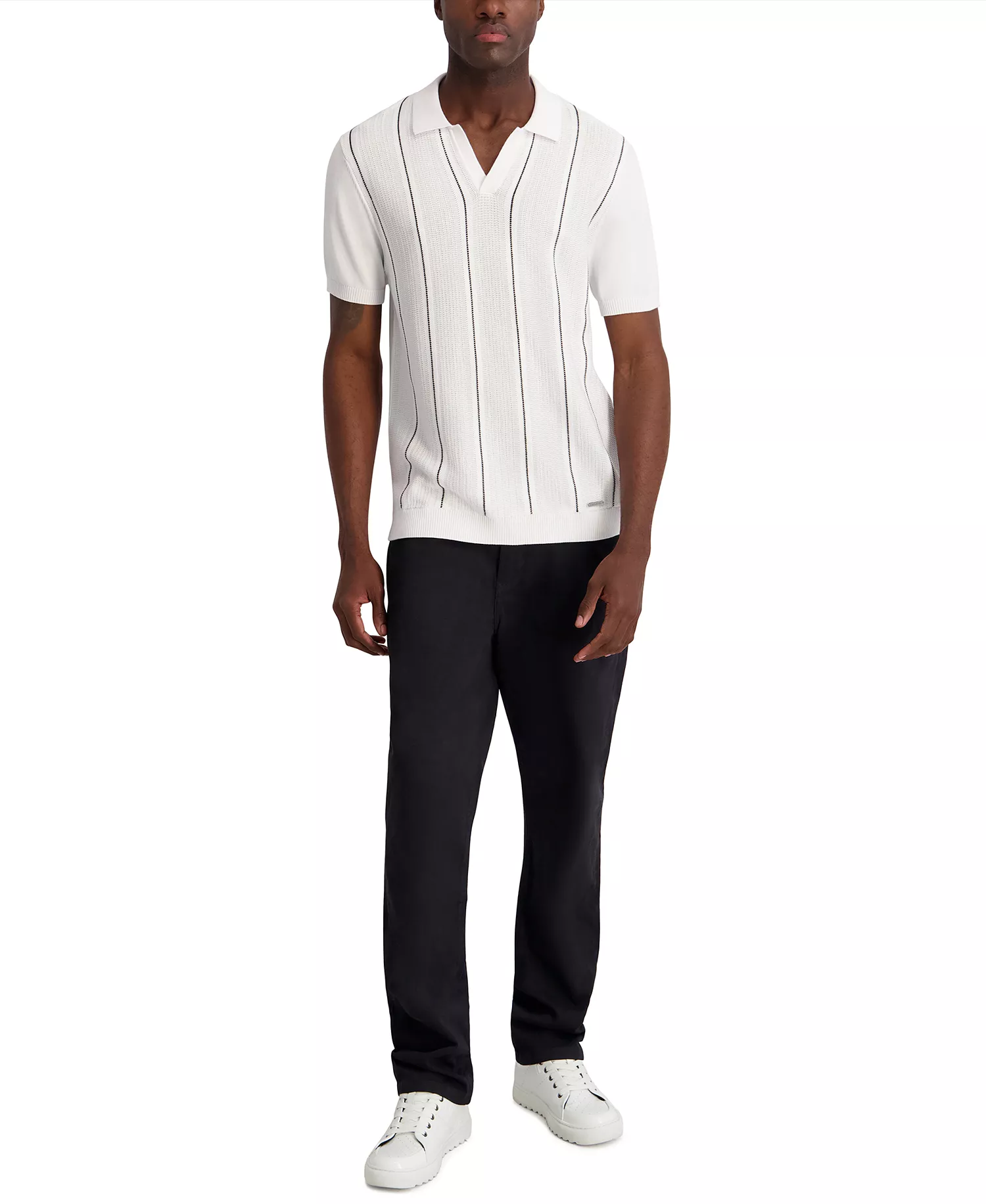 Men's Vertical Stripe Textured Johnny Collar Polo Shirt - White - 2XL