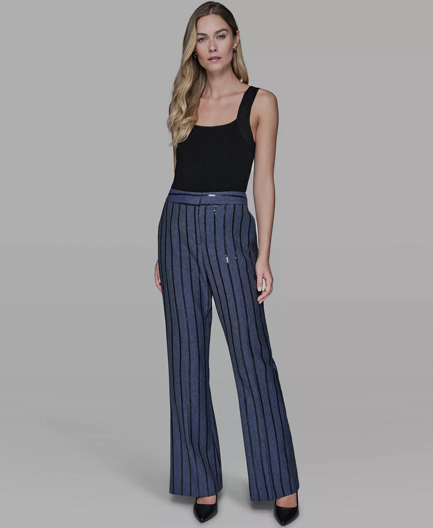 Women's Mid Rise Striped Sequin Pants - Indigo/black Stripe - 10