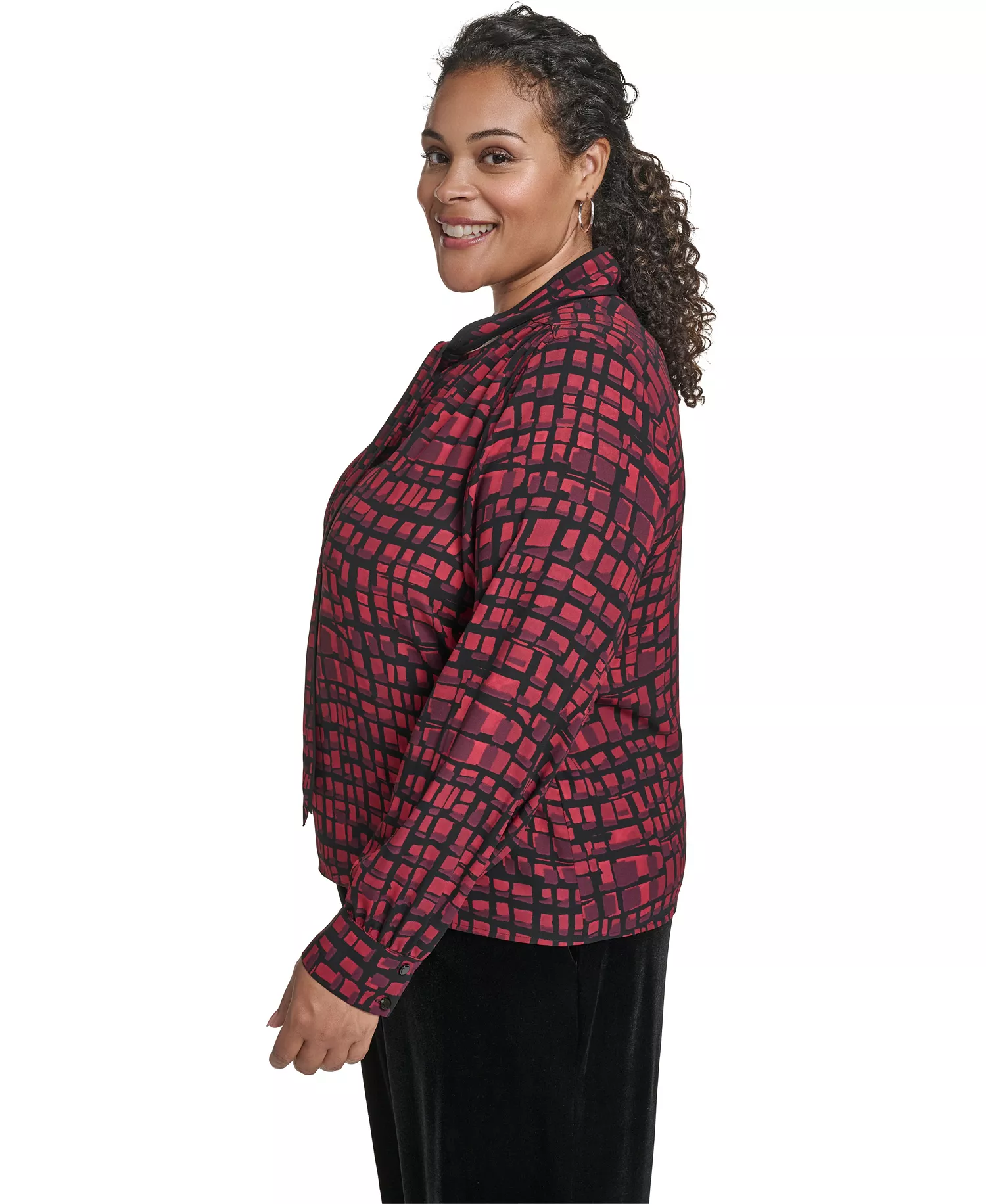 Plus Size Printed Long Sleeves Tie Neck Top - Cranberry Multi - 1X