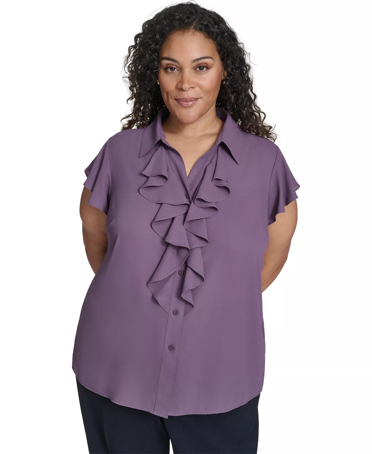 Women's Plus Size Solid Cap Sleeve Ruffle Front Top - Winter Plum - 1X