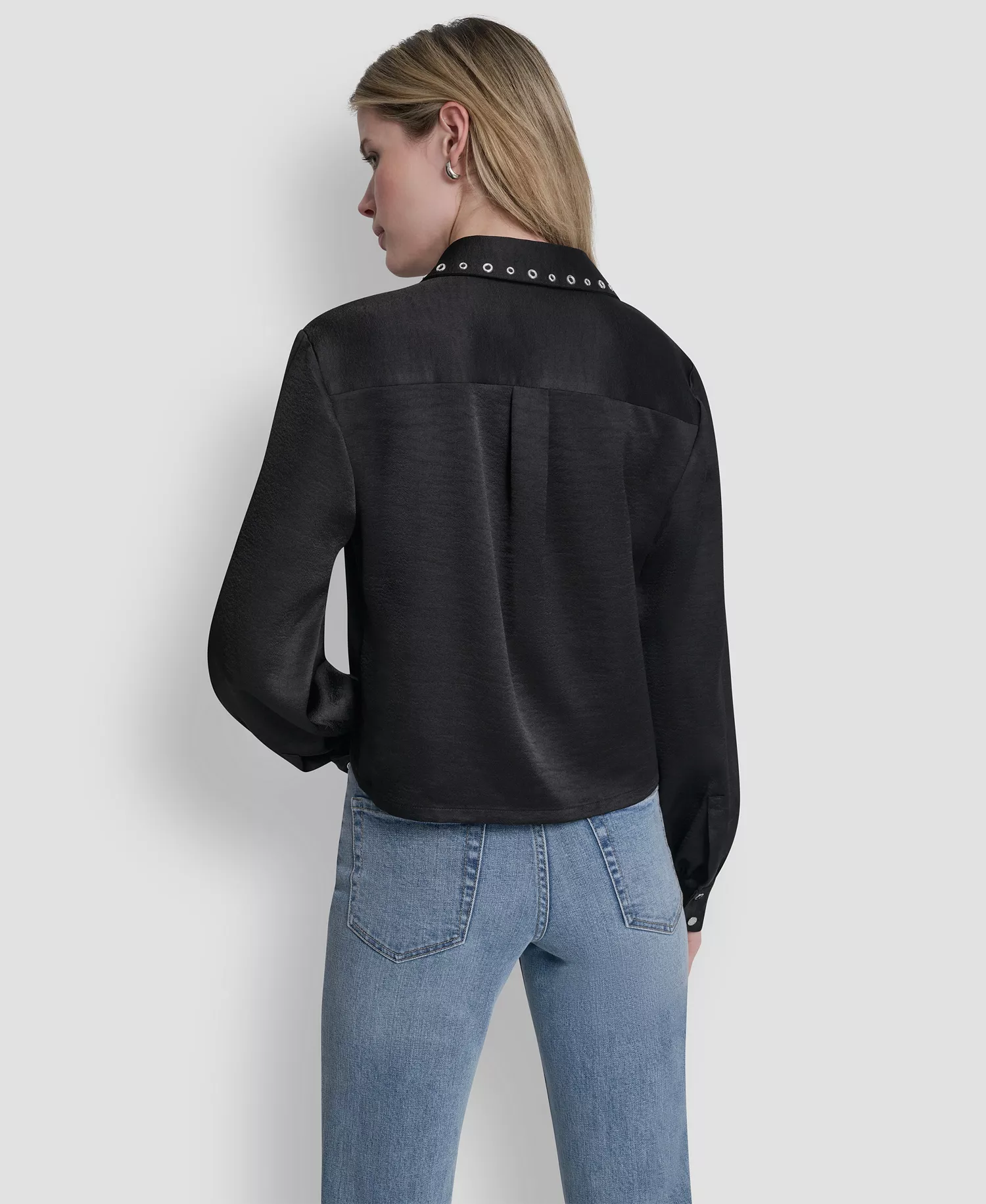 Women's Studded Collar V-Neck Shirt - Black - L