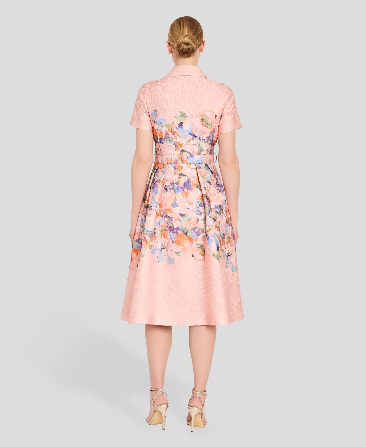 Women's Short-Sleeve Floral Belted Midi Dress - Apricot - 10