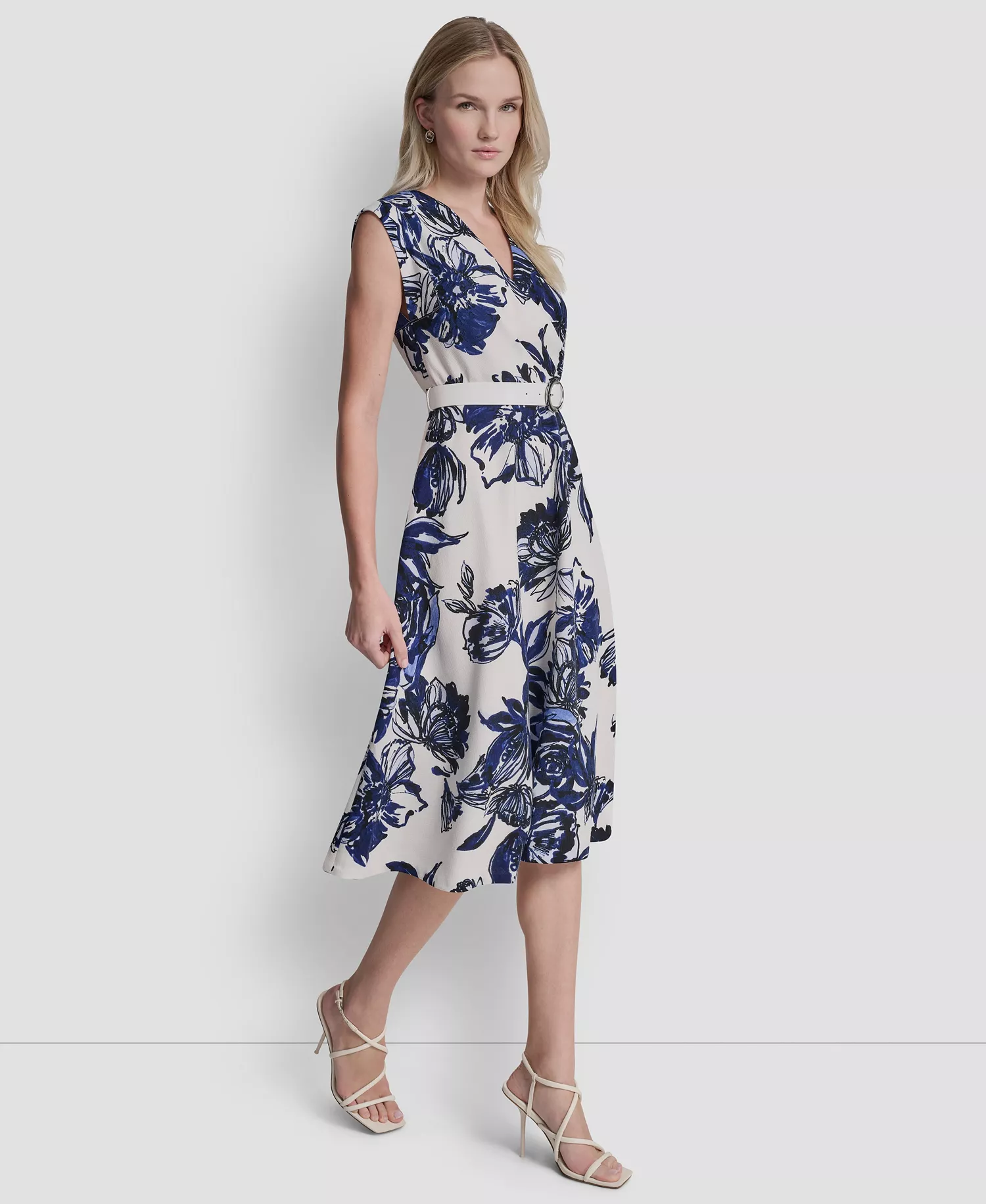 Women's Cap-Sleeve Surplice Neck Belted Midi Dress - Atlantic Blue Multi - 10