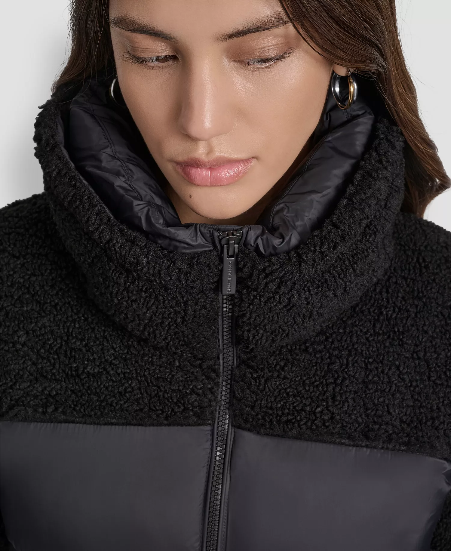 Women's Faux-Sherpa Puffer Mixed Coat - BLK - BLACK - L