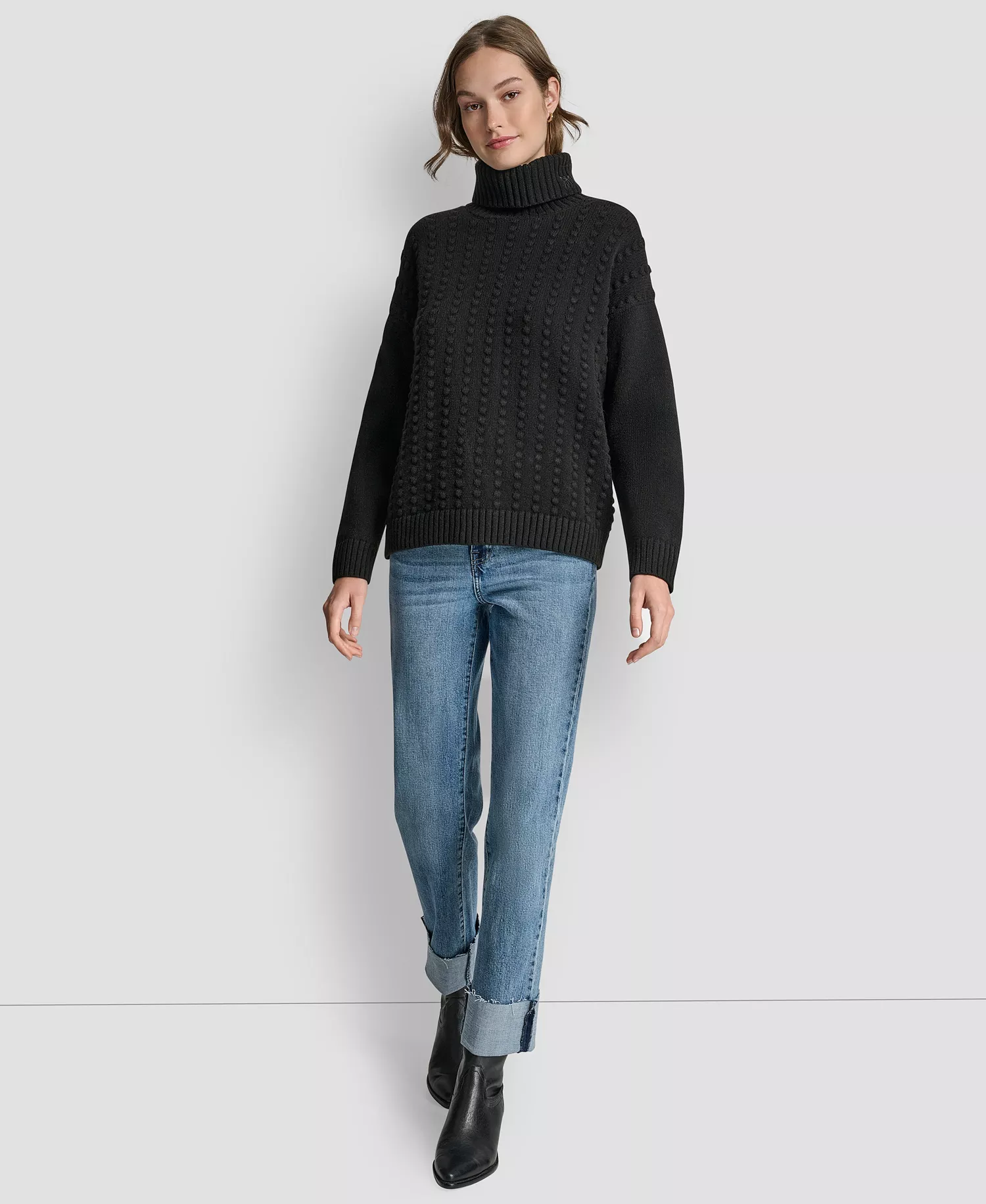 Women's Turtle Neck Bobble Stitch Long Sleeve Sweater - Black - L