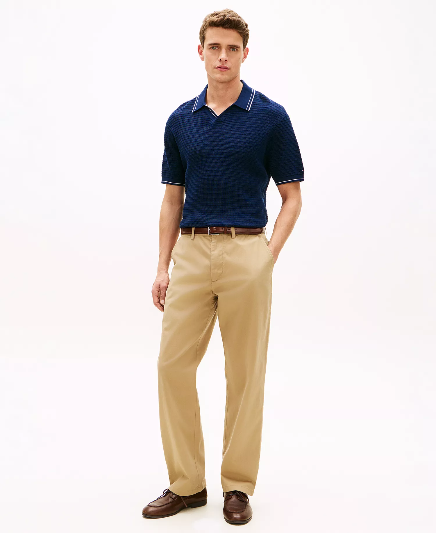 Men's Regular-Fit Texture Johnny Collar Tipped Knit Polo Shirt - Navy Iris - L