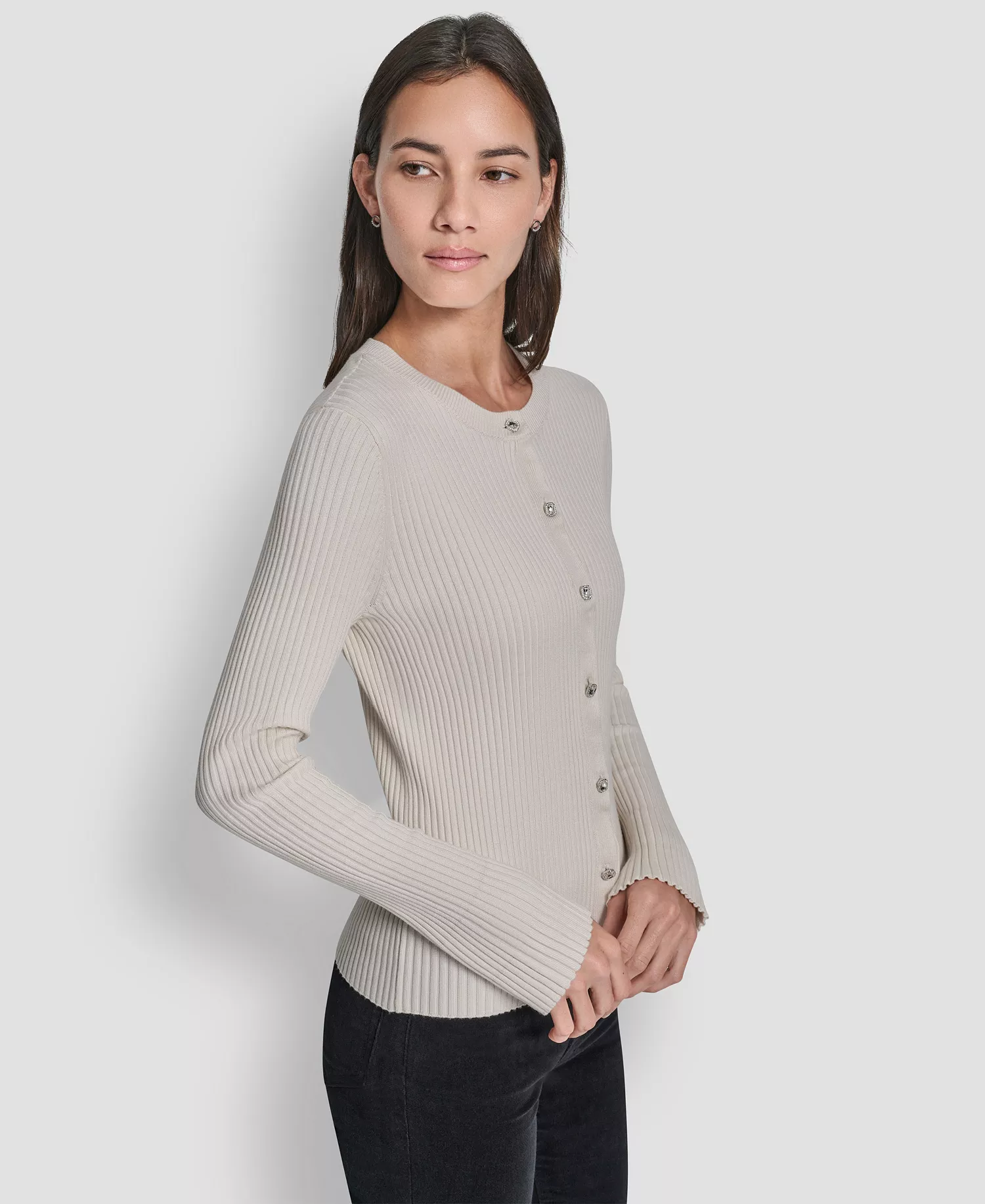 Women's Long-Sleeve Flare Ribbed Rhinestone Button Cardigan Sweater - Eggnog - L