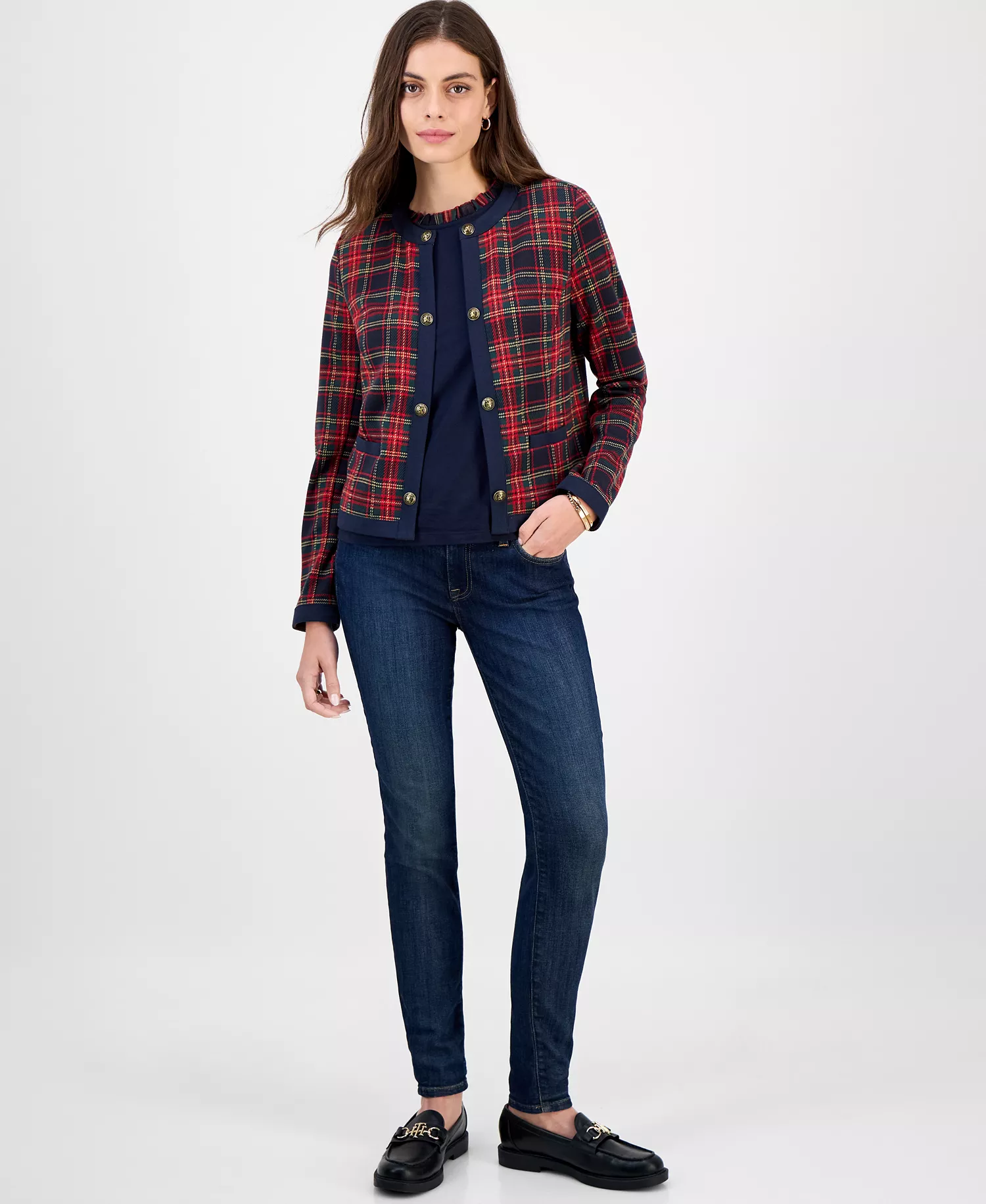 Women's Plaid Open-Front Jacket - Sky Captain Multi - XS
