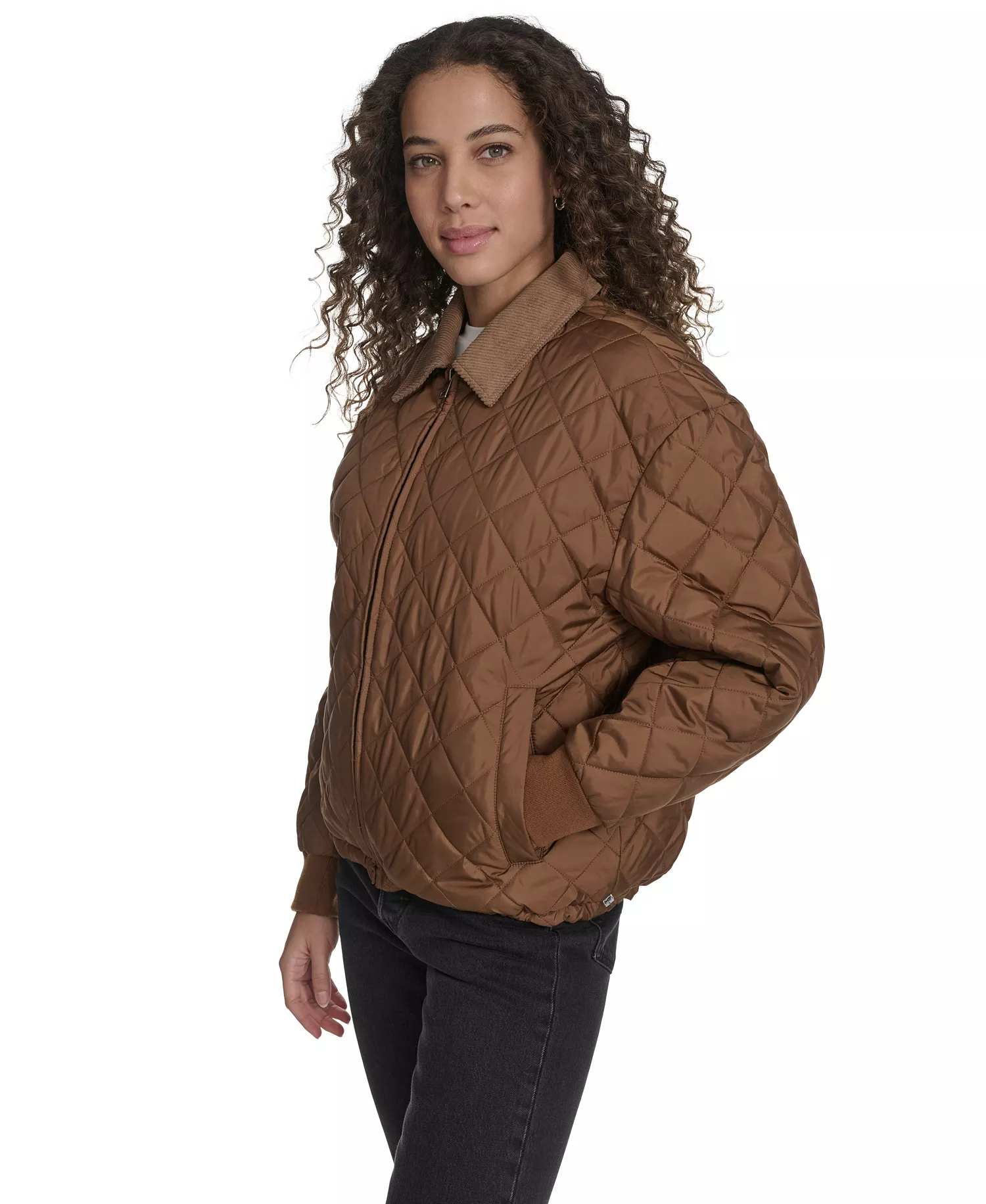 Women's Diamond Quilted Bomber with Corduroy Collar - Bison - M
