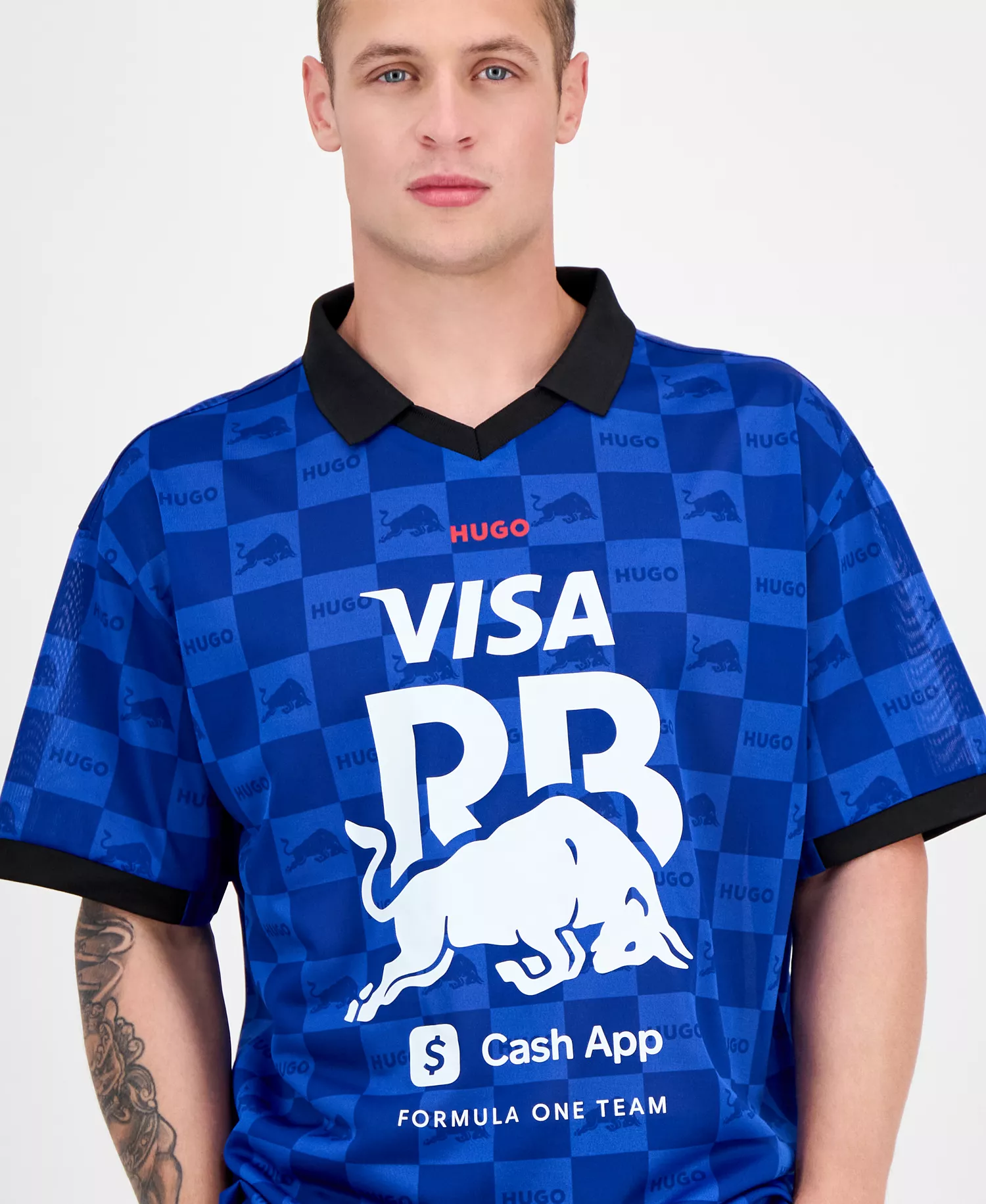 Men's Fanwear Oversized Short Sleeve Open-Collar Check Logo Graphic Polo Shirt - Med Blue - S