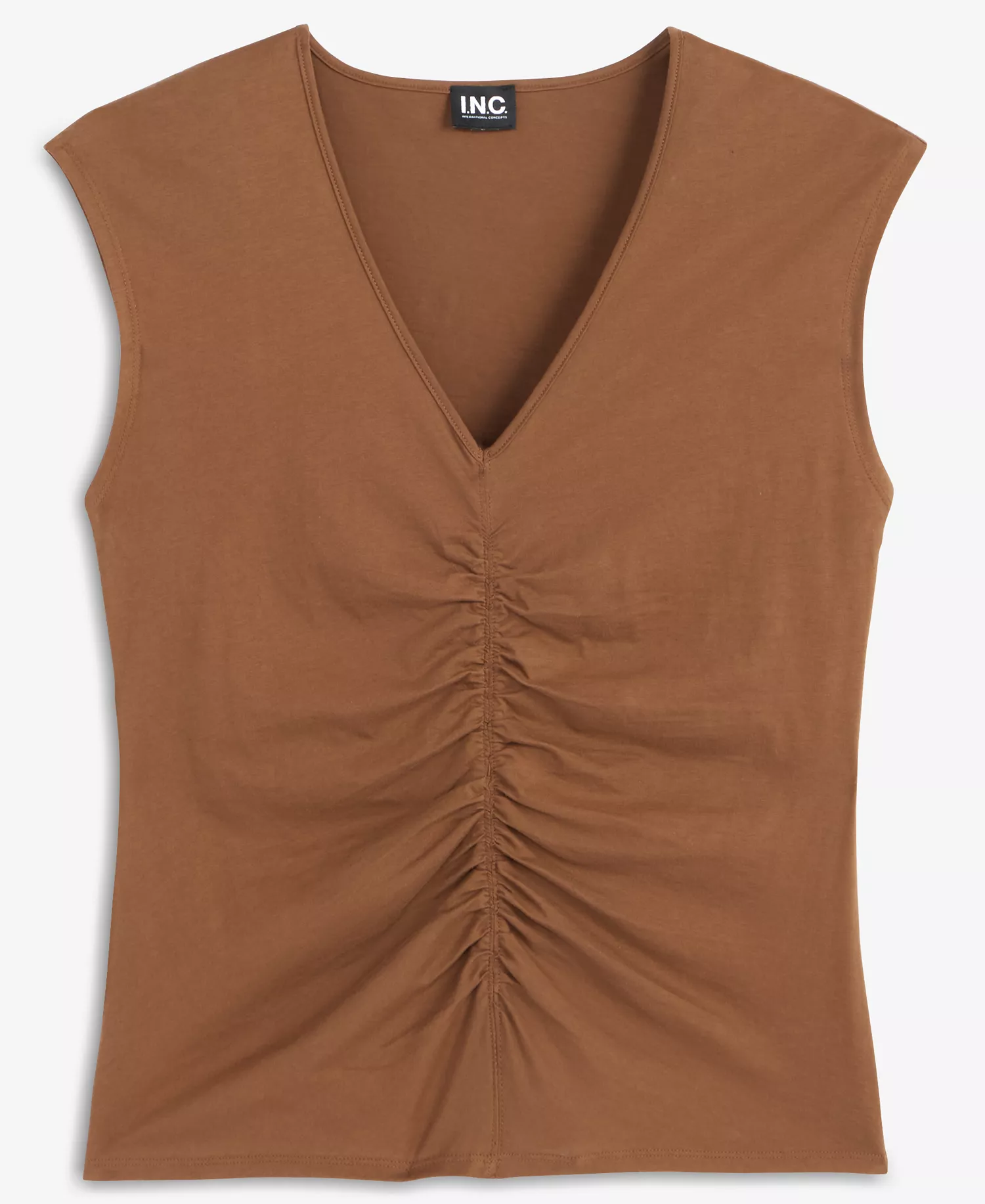 Women's Cap Sleeve Ruched Cotton V-Neck T-Shirt, Macy's Exclusive - Bison - L