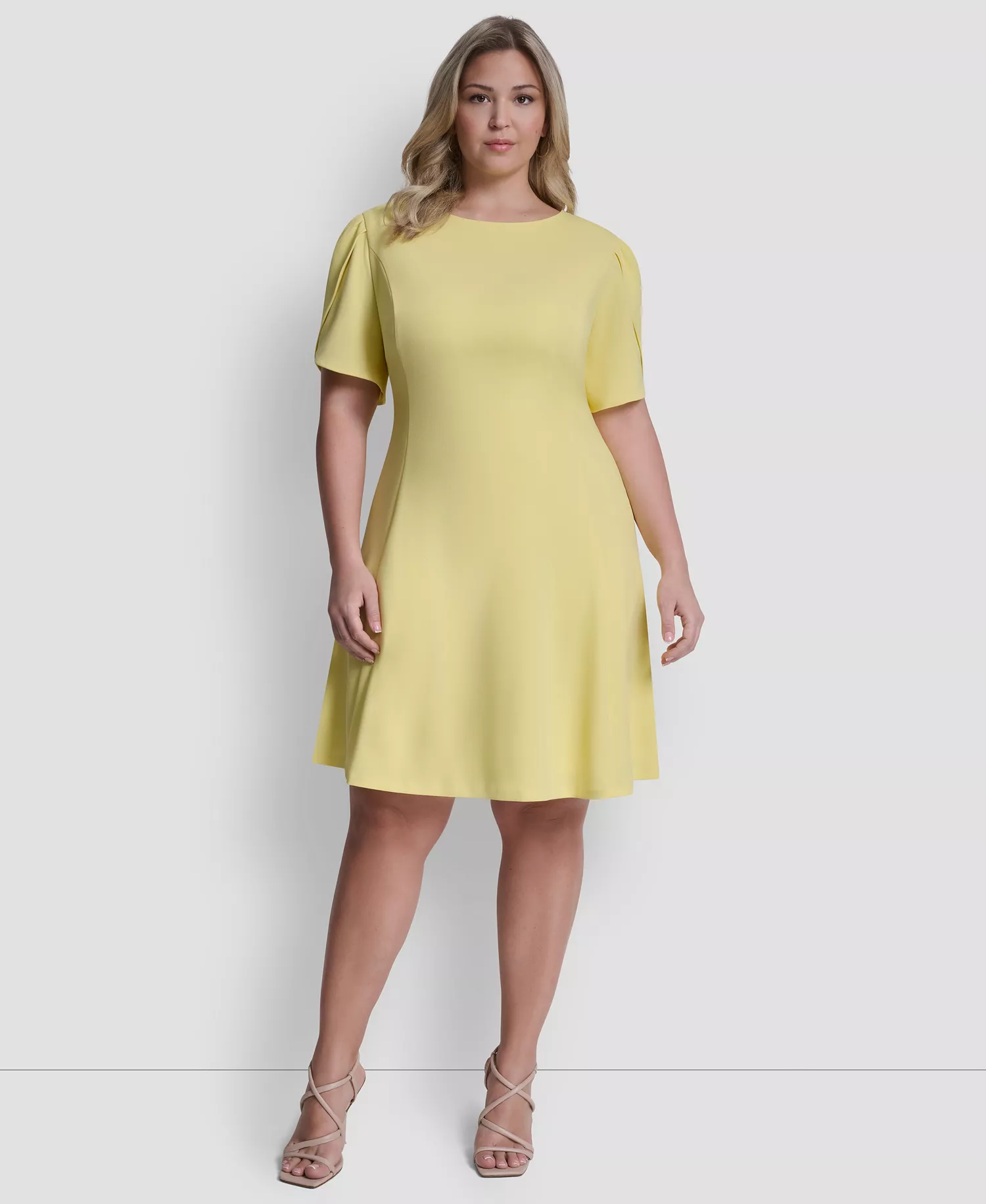 Plus Size Tulip-Sleeve Fit And Flare Jewel Neck Short Dress - Soft Yellow - 14W