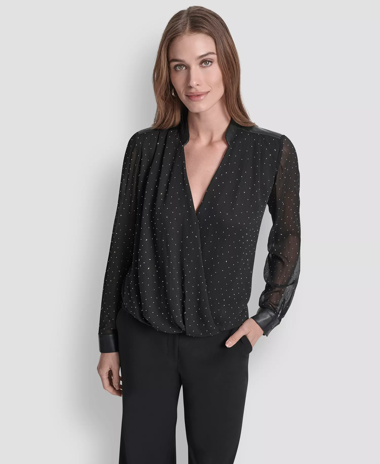 Women's Embellished Surplice Neck Top - Black - S