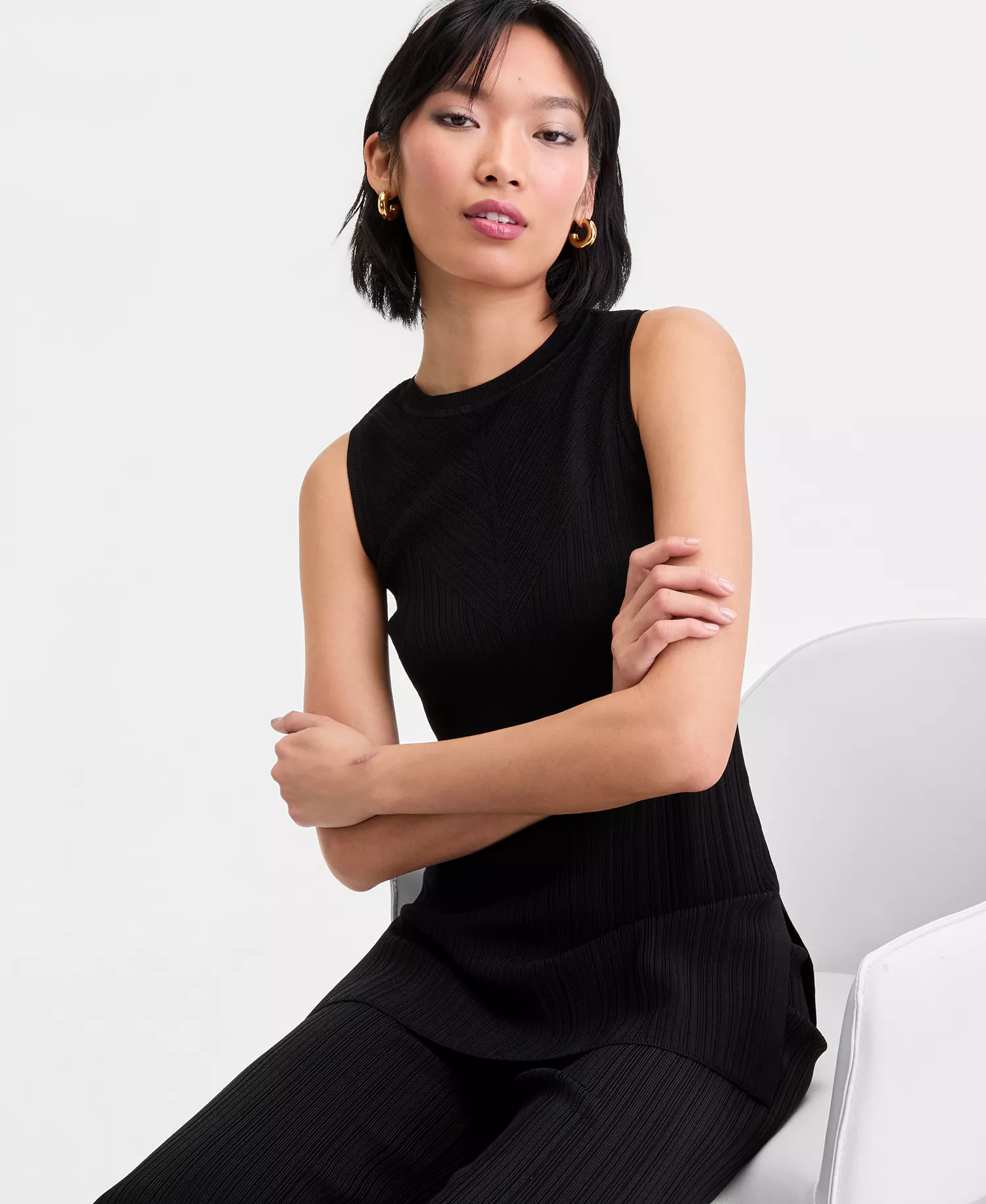 Women's Rib-Knit Sleeveless Sweater Tunic, Macy's Exclusive - Deep Black - L