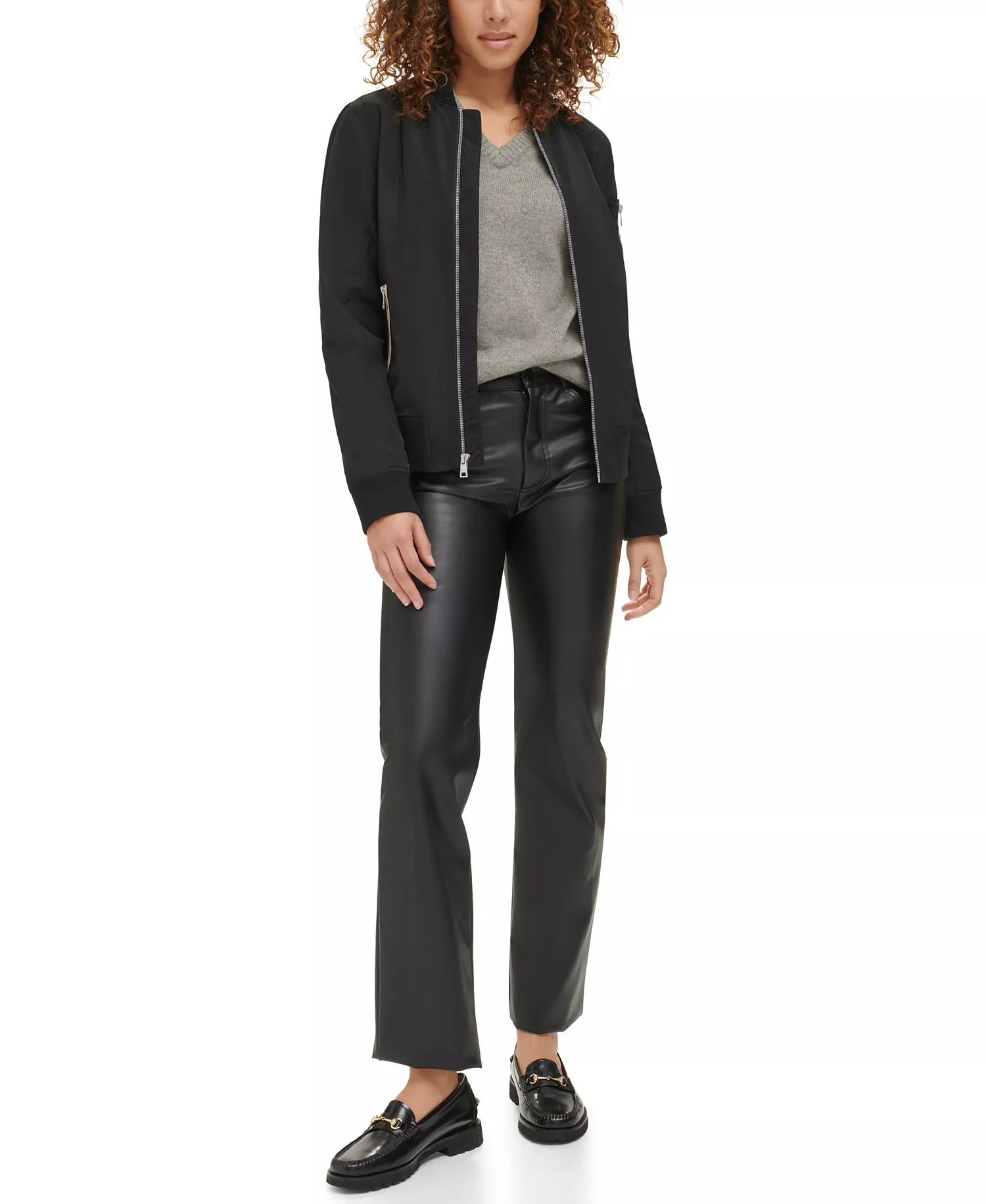 Women's Lightweight Zip-Detail Bomber Jacket - Black - L