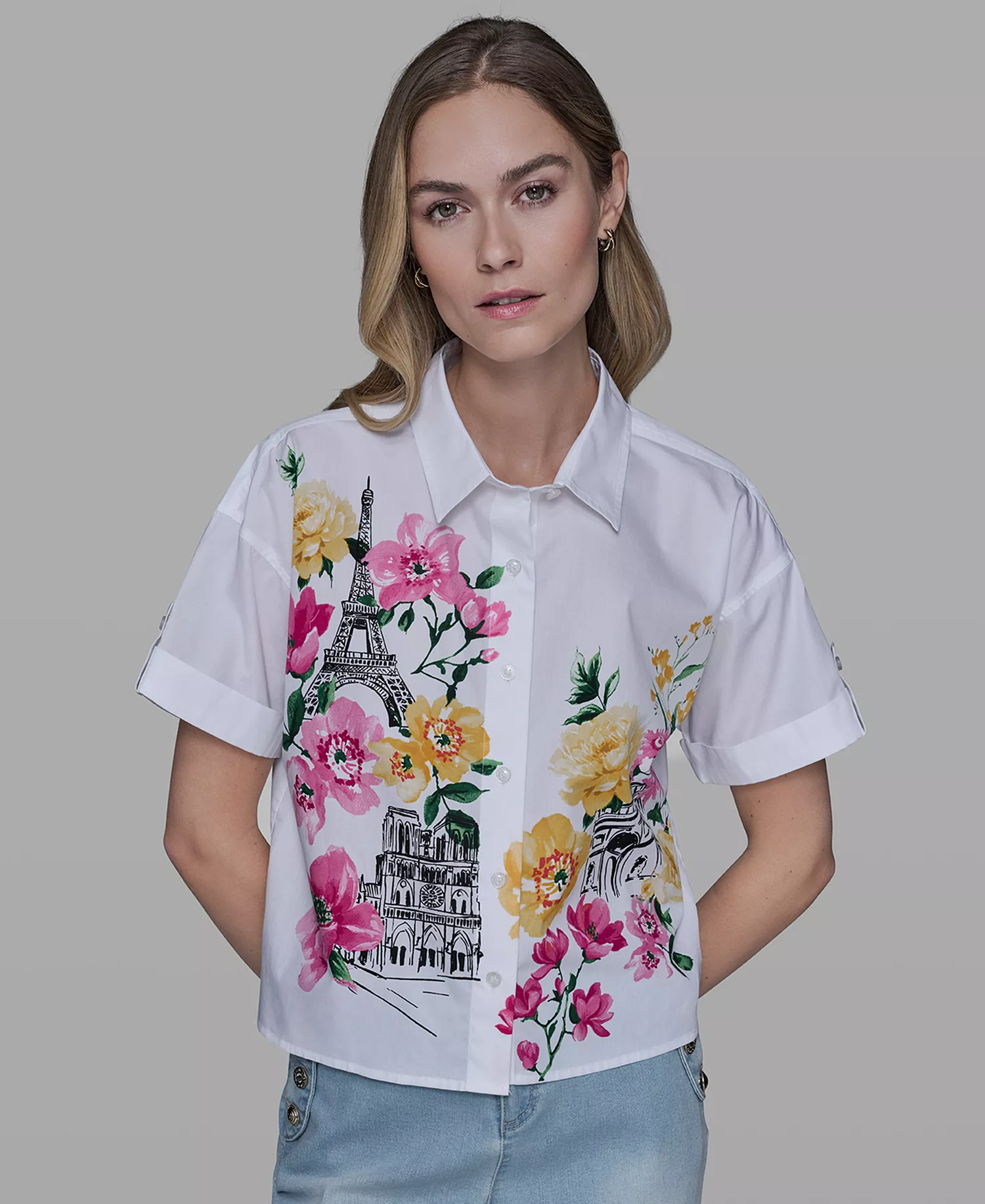 Petite Short-Sleeve Floral Print Shirt - White - P/L