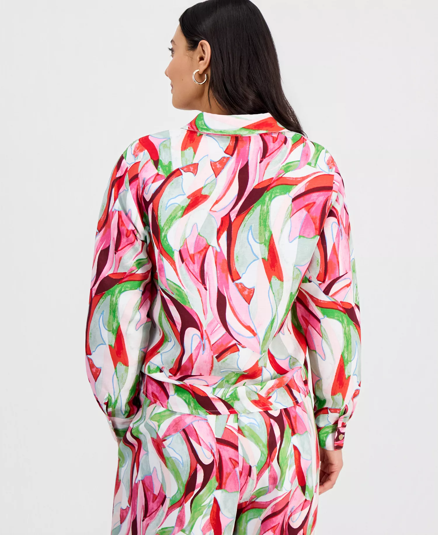 Petite Printed Long-Sleeve Tie-Front Blouse, Created for Macy's - Casey Abstract - P/L