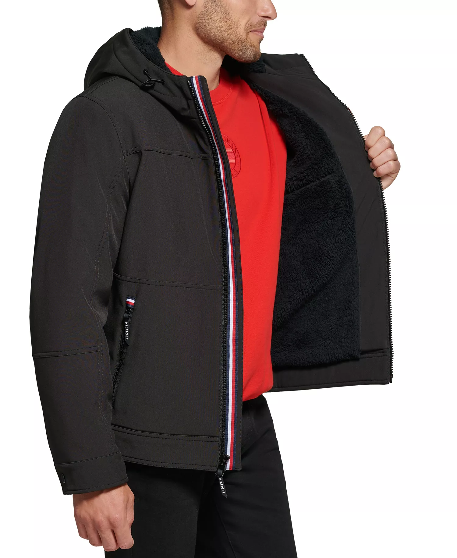 Men's Sherpa-Lined Softshell Hooded Jacket - Black - 2XL