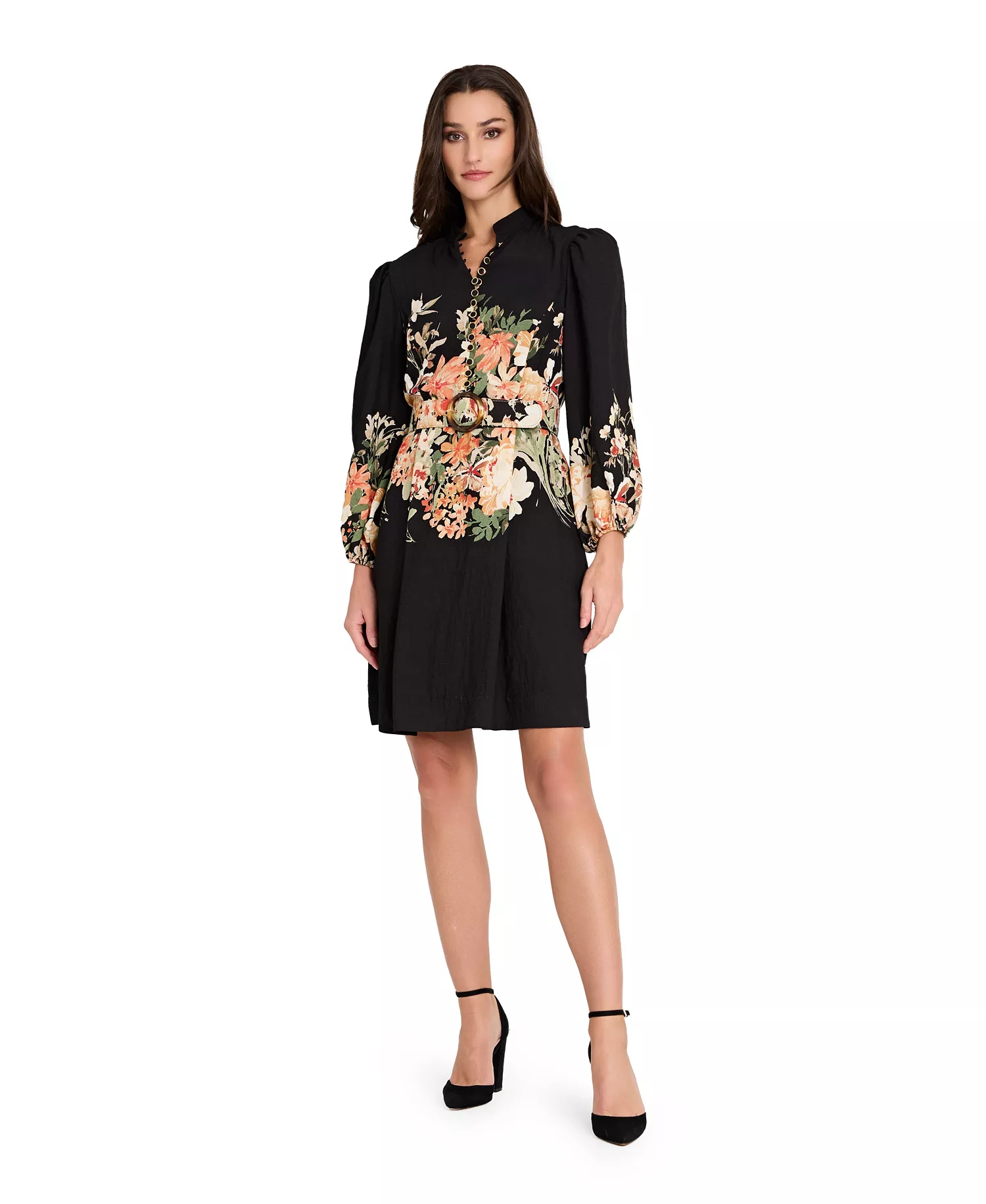 Petite Printed Long Sleeve Dress - Black Multi - 2P