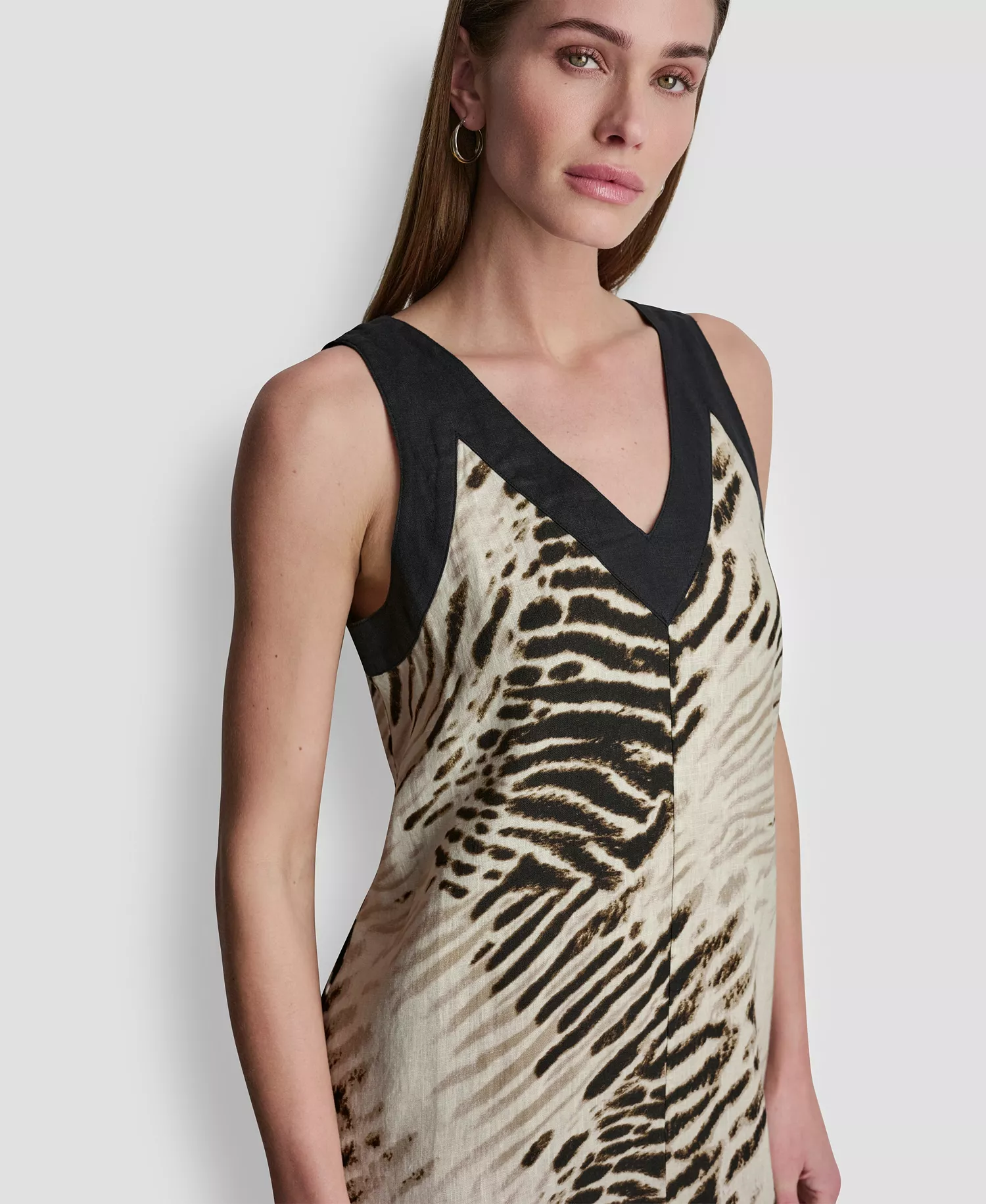 Women's Linen Printed Sleeveless V-Neck Midi Dress - Brushed Sandbed/black - L