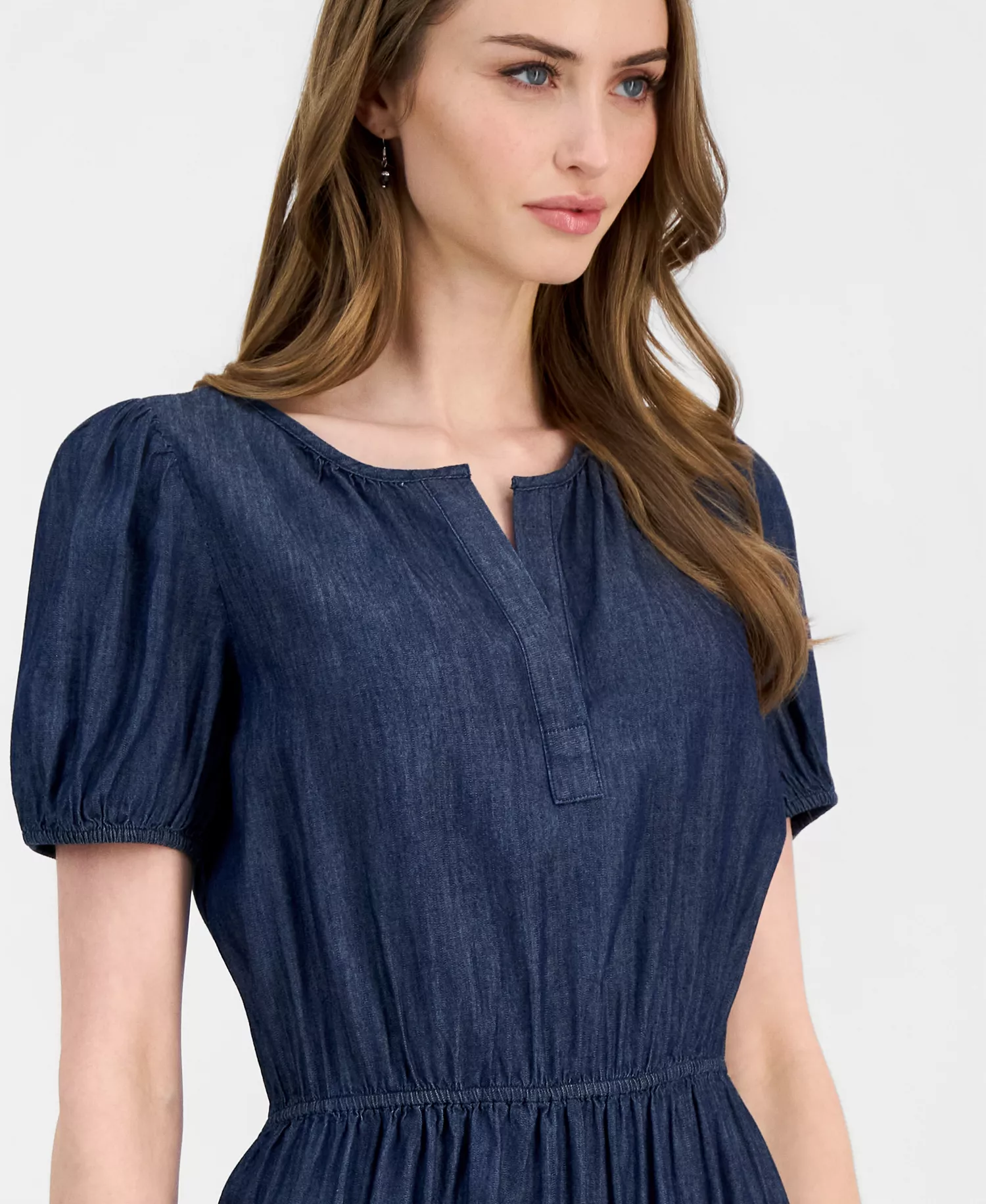 Jeans Women's Chambray Puff-Sleeve Tiered Dress - Dark Azure - L