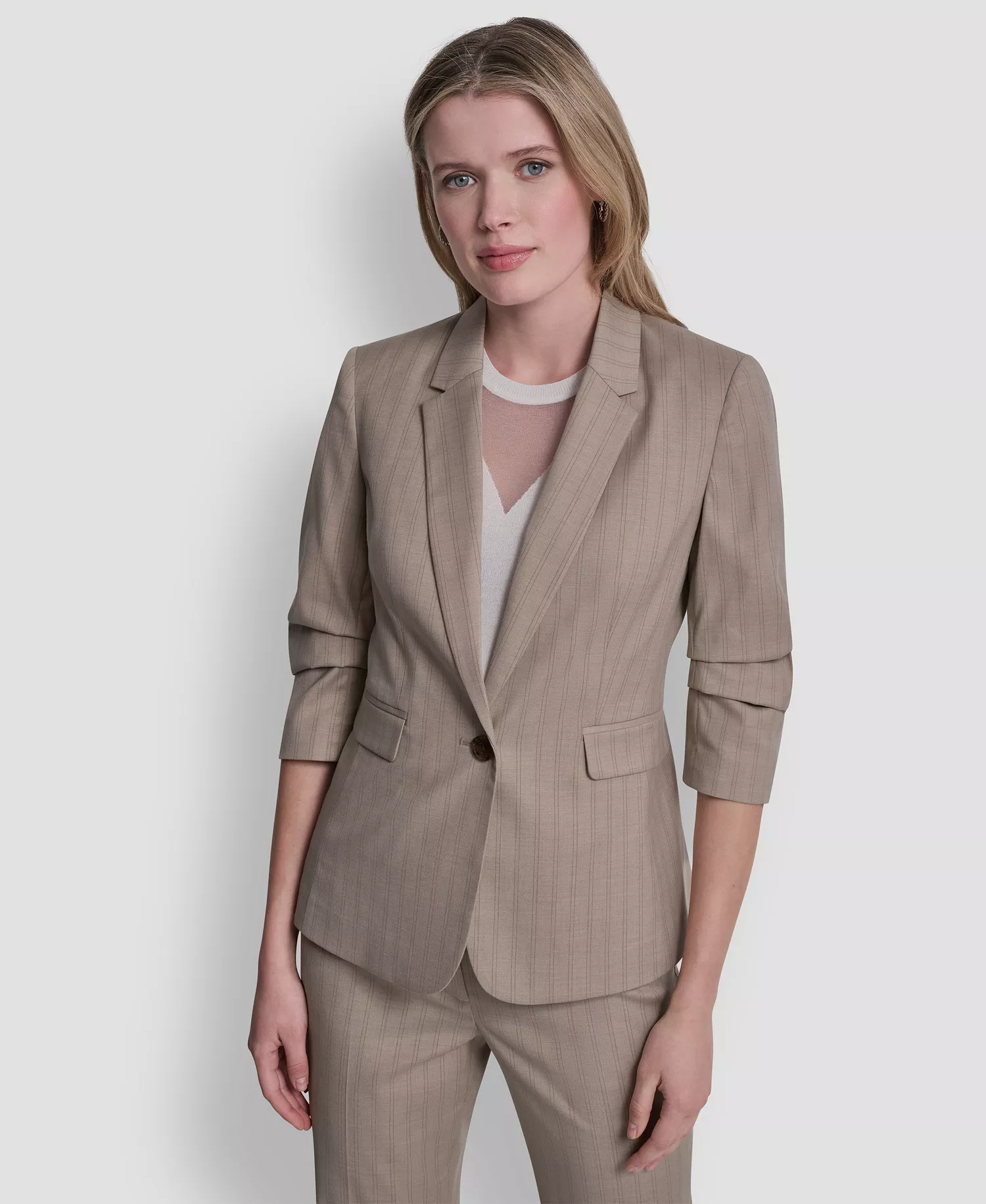 Petite Ruched Sleeve Notch Collar Blazer and Pinstripe Modern Fashion Pants - Beige - 0P